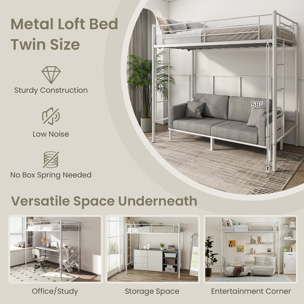 Twin Loft Bed Frame with 2 Ladders Full-length Guardrail -White