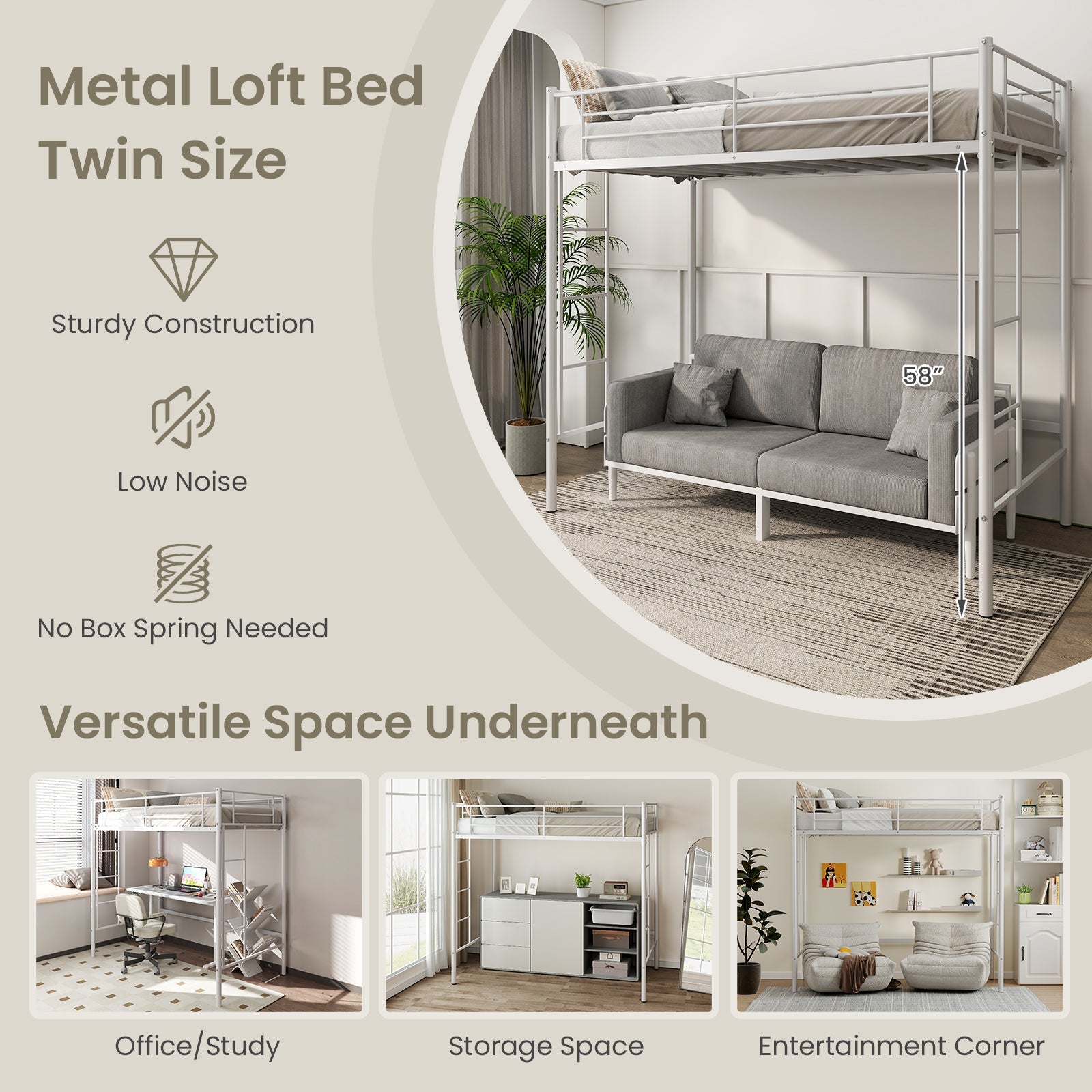 Twin Loft Bed Frame with 2 Ladders Full-length Guardrail -White