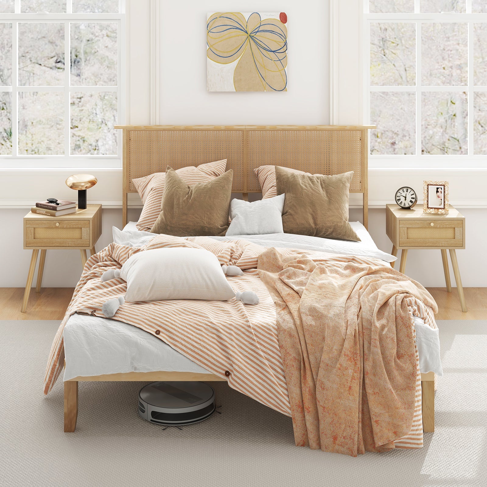 Twin/Full/Queen Size Bed Frame with Rattan Headboard-Queen Size