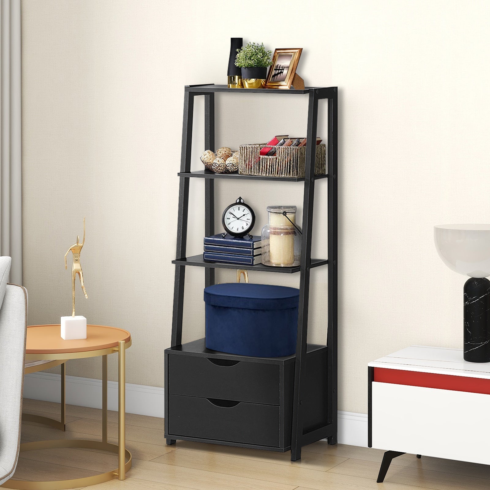 4-Tier Ladder Bookshelf Storage Display with Drawers