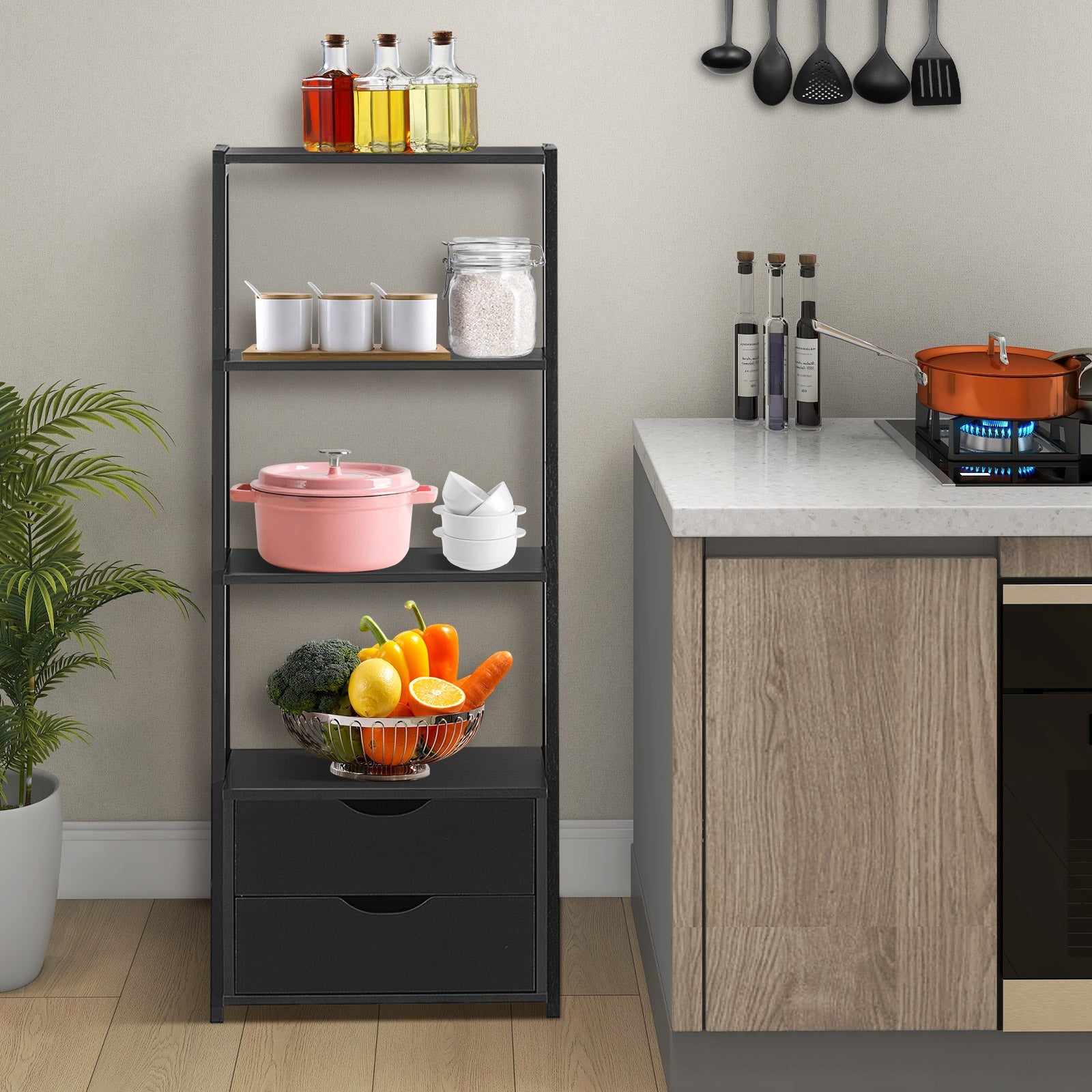 4-Tier Ladder Bookshelf Storage Display with Drawers