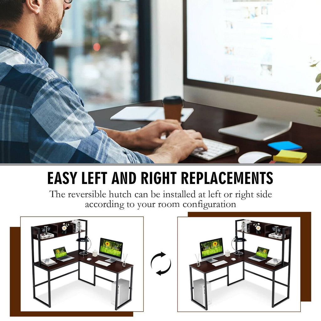 Reversible L-Shaped Corner Desk with Storage Bookshelf-Dark Brown