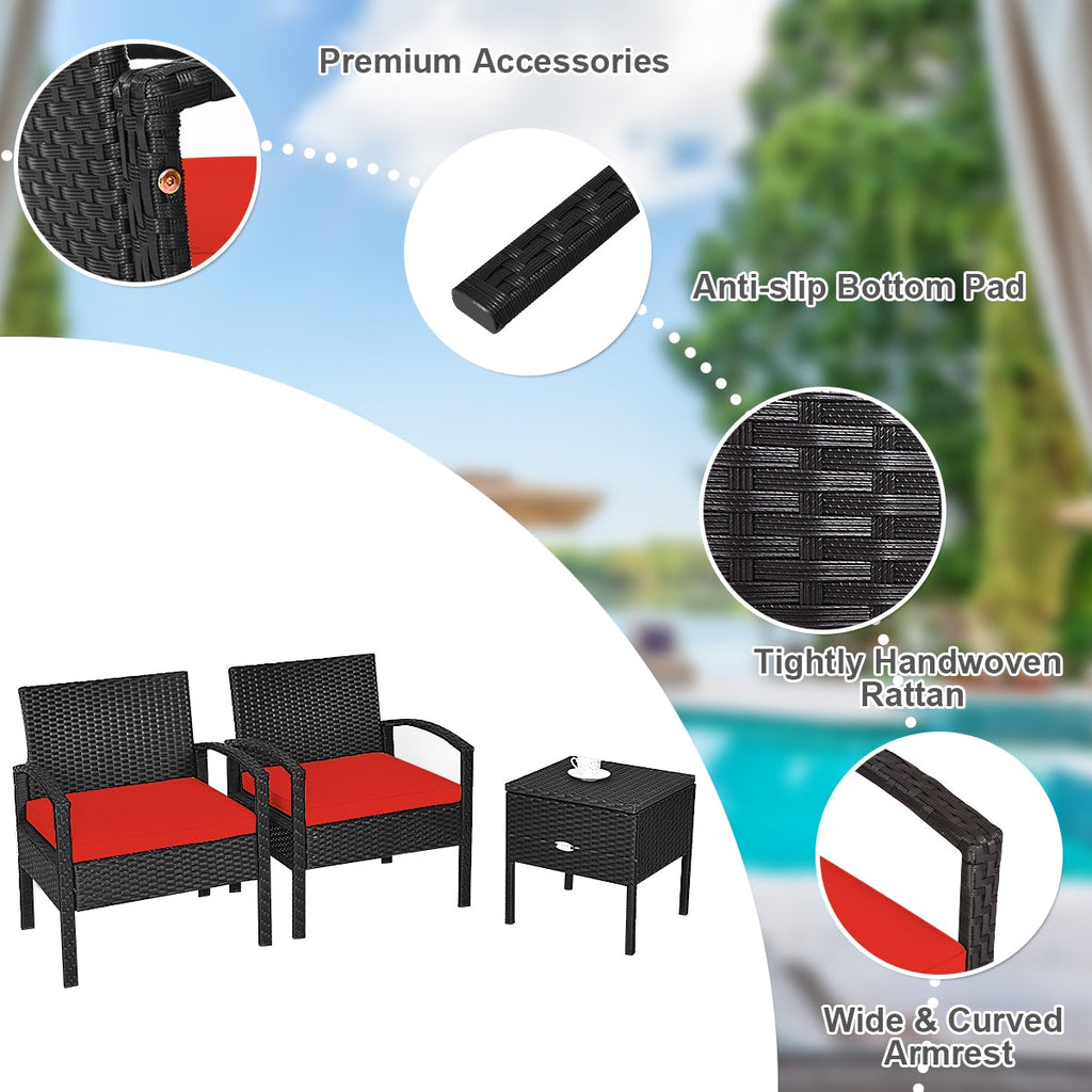 3 Piece PE Rattan Wicker Sofa Set with Washable and Removable Cushion for Patio-Red