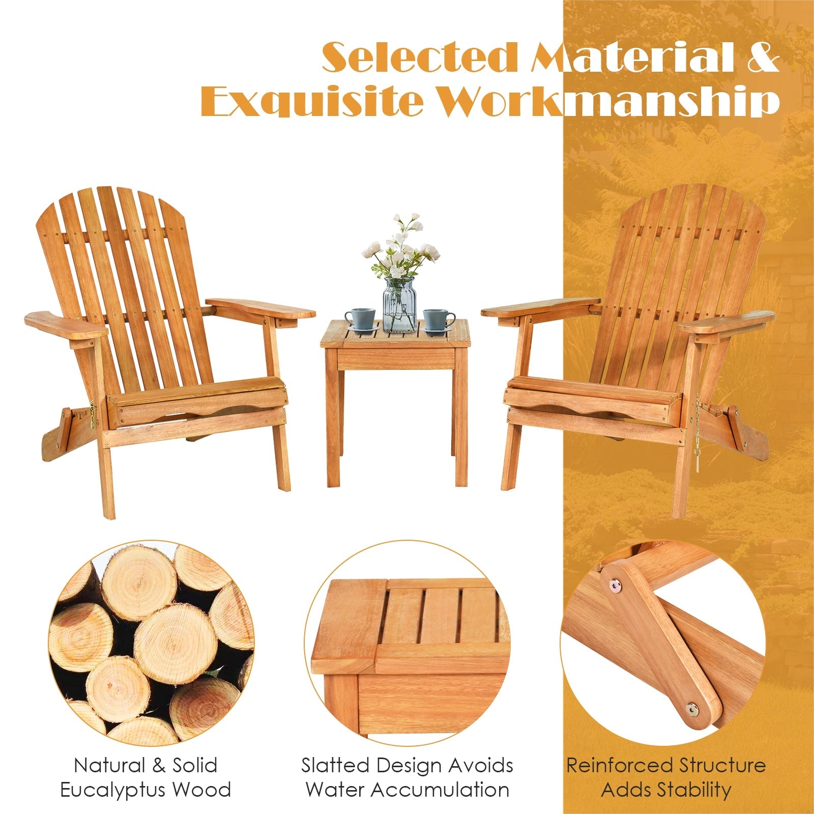 3 Pieces Adirondack Chair Set with Widened Armrest