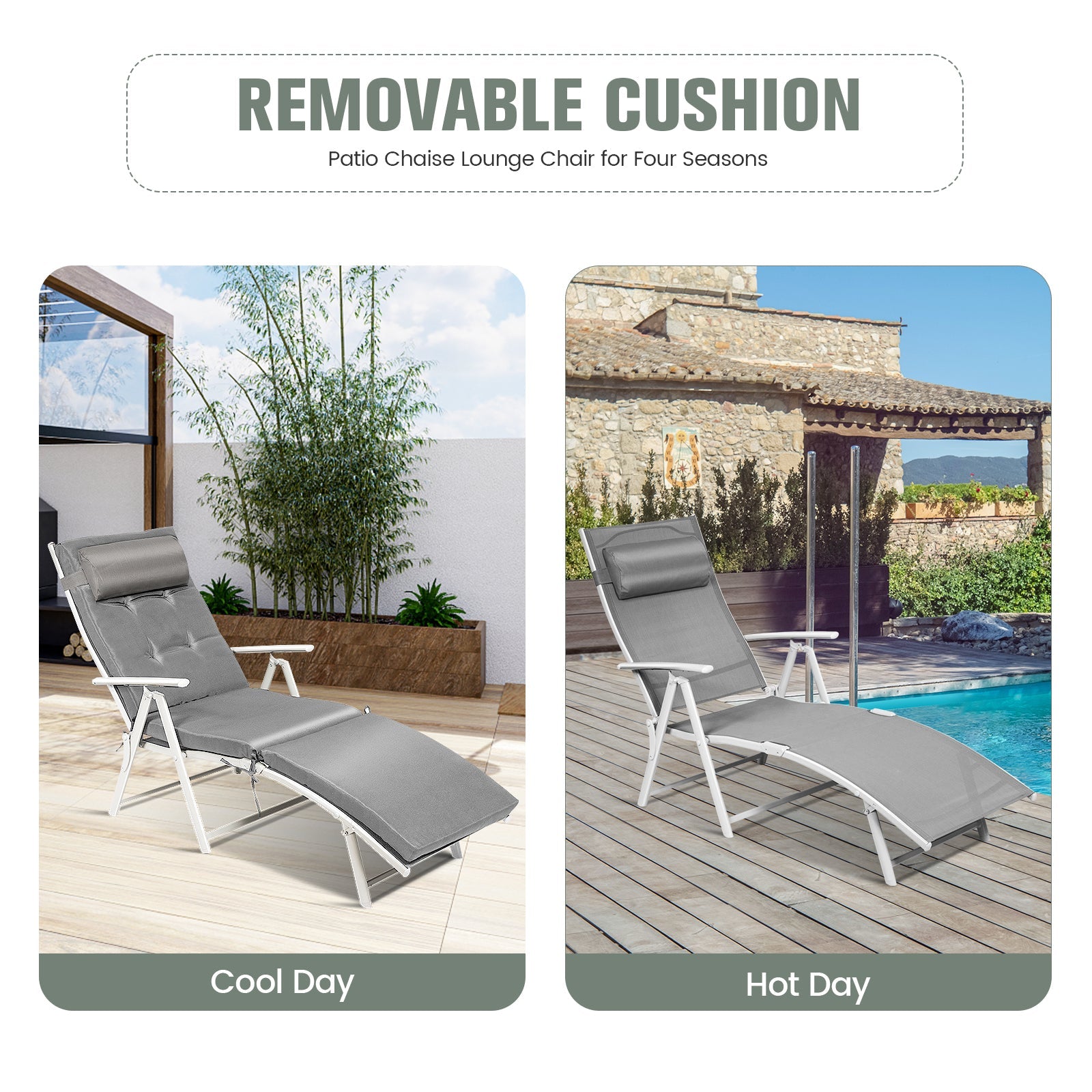 Adjustable Outdoor Lightweight Folding Chaise Lounge Chair with Pillow-Gray