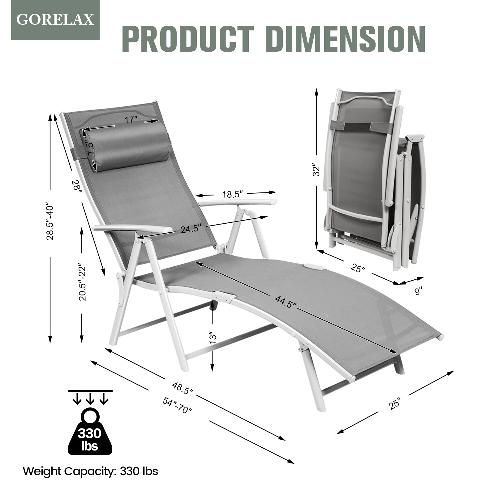 Adjustable Outdoor Lightweight Folding Chaise Lounge Chair with Pillow-Gray