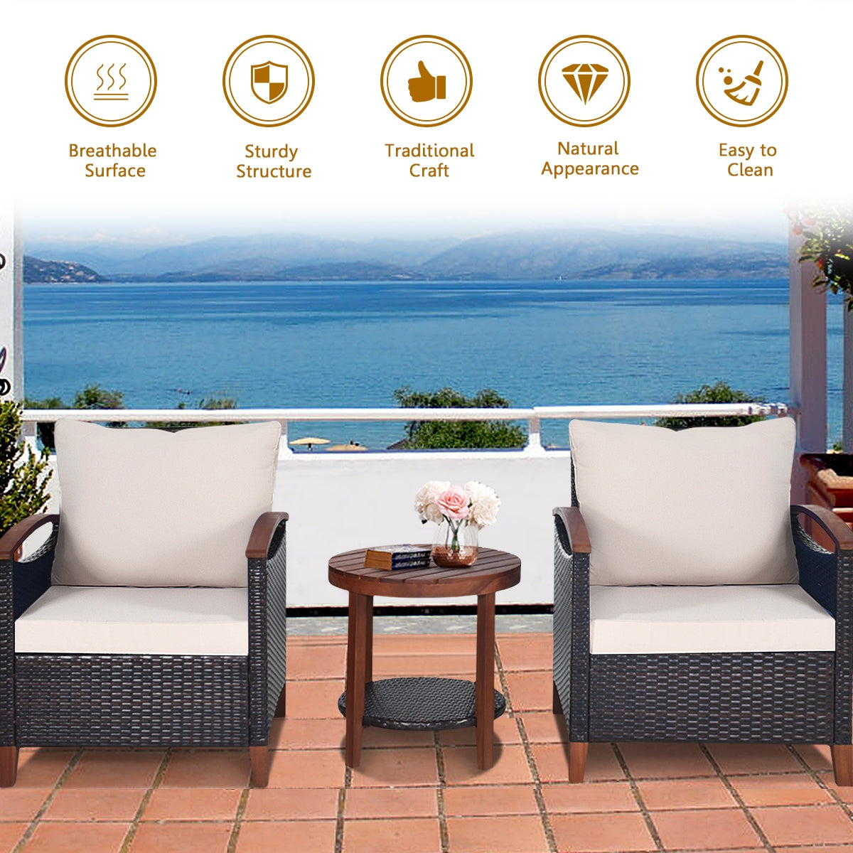 3 Pieces Patio Rattan Furniture Set with Washable Cushion and Acacia Wood Tabletop-Beige