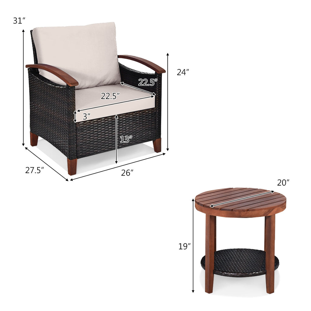 3 Pieces Patio Rattan Furniture Set with Washable Cushion and Acacia Wood Tabletop-Beige