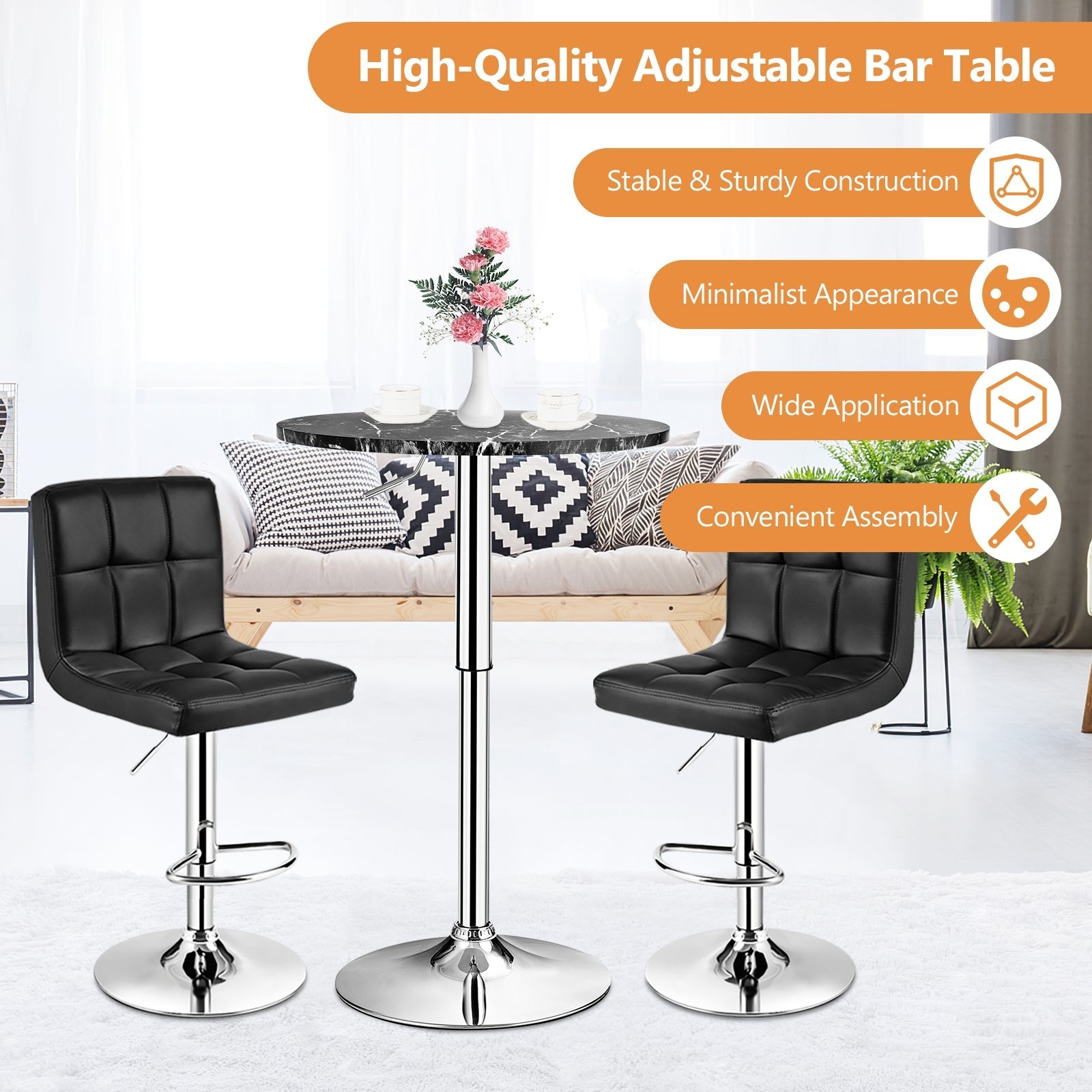 360° Swivel Cocktail Pub Table with Sliver Leg and Base-Black