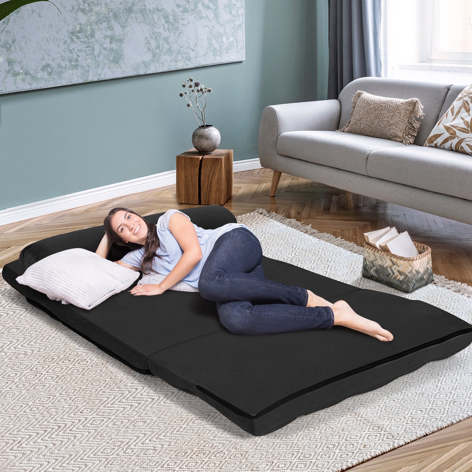 6-Position Foldable Floor Sofa Bed with Detachable Cloth Cover-Black