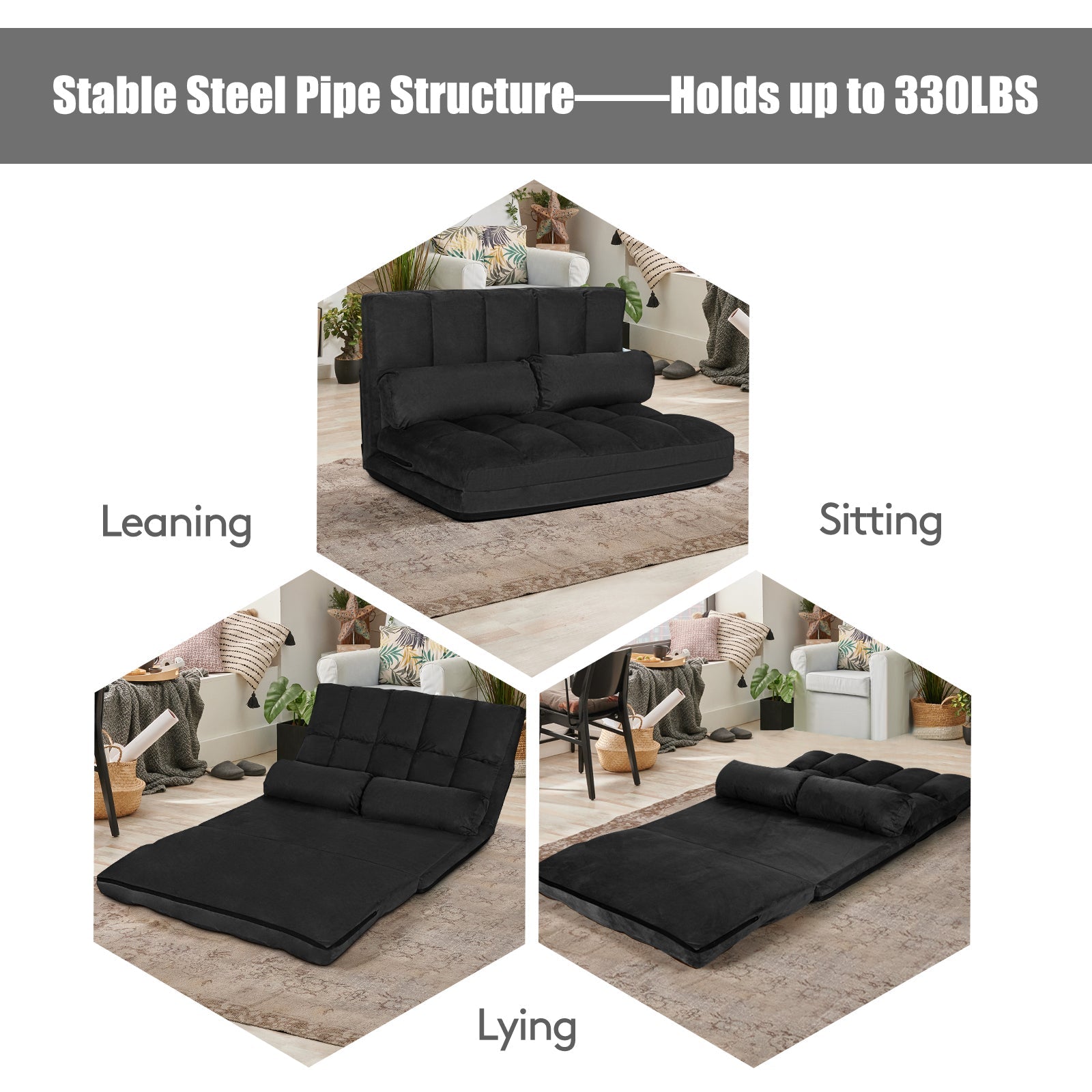6-Position Foldable Floor Sofa Bed with Detachable Cloth Cover-Black