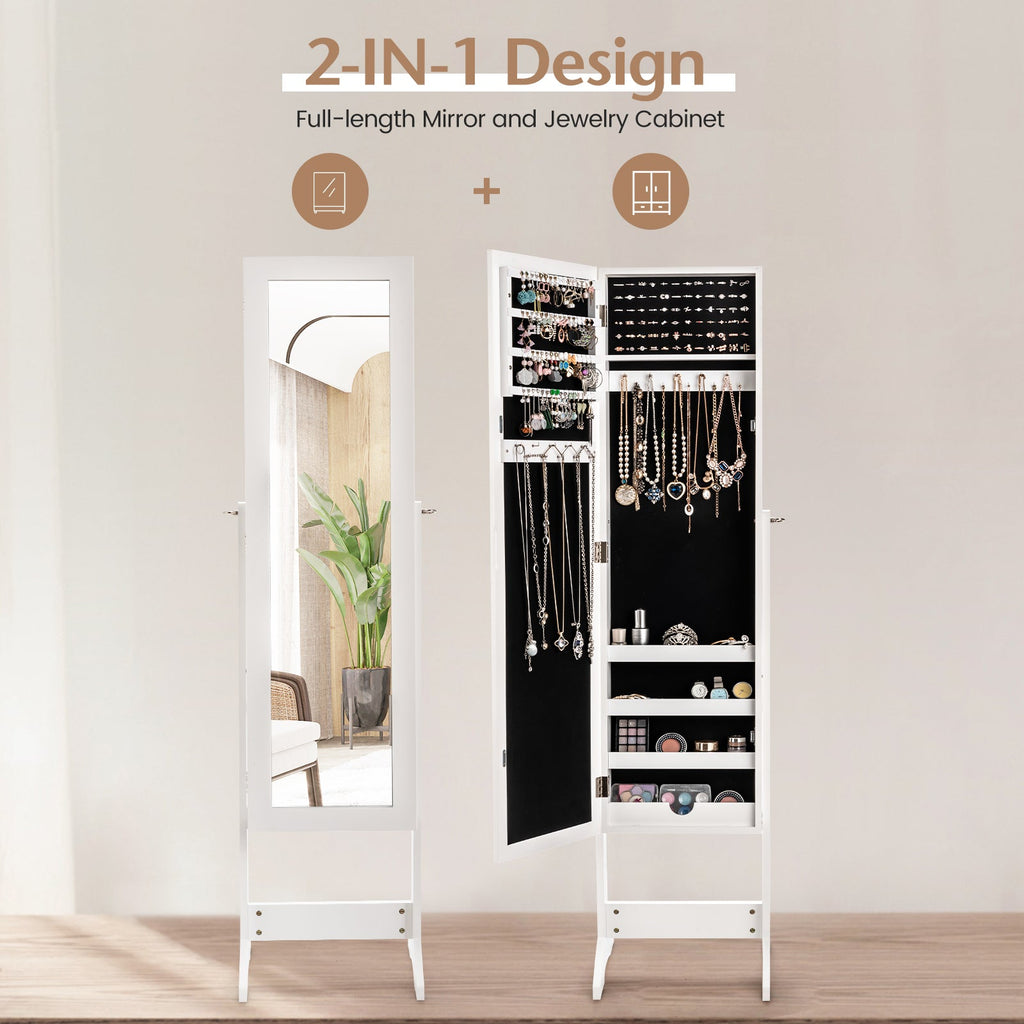 Mirrored Standing Jewelry Cabinet Storage Box-White