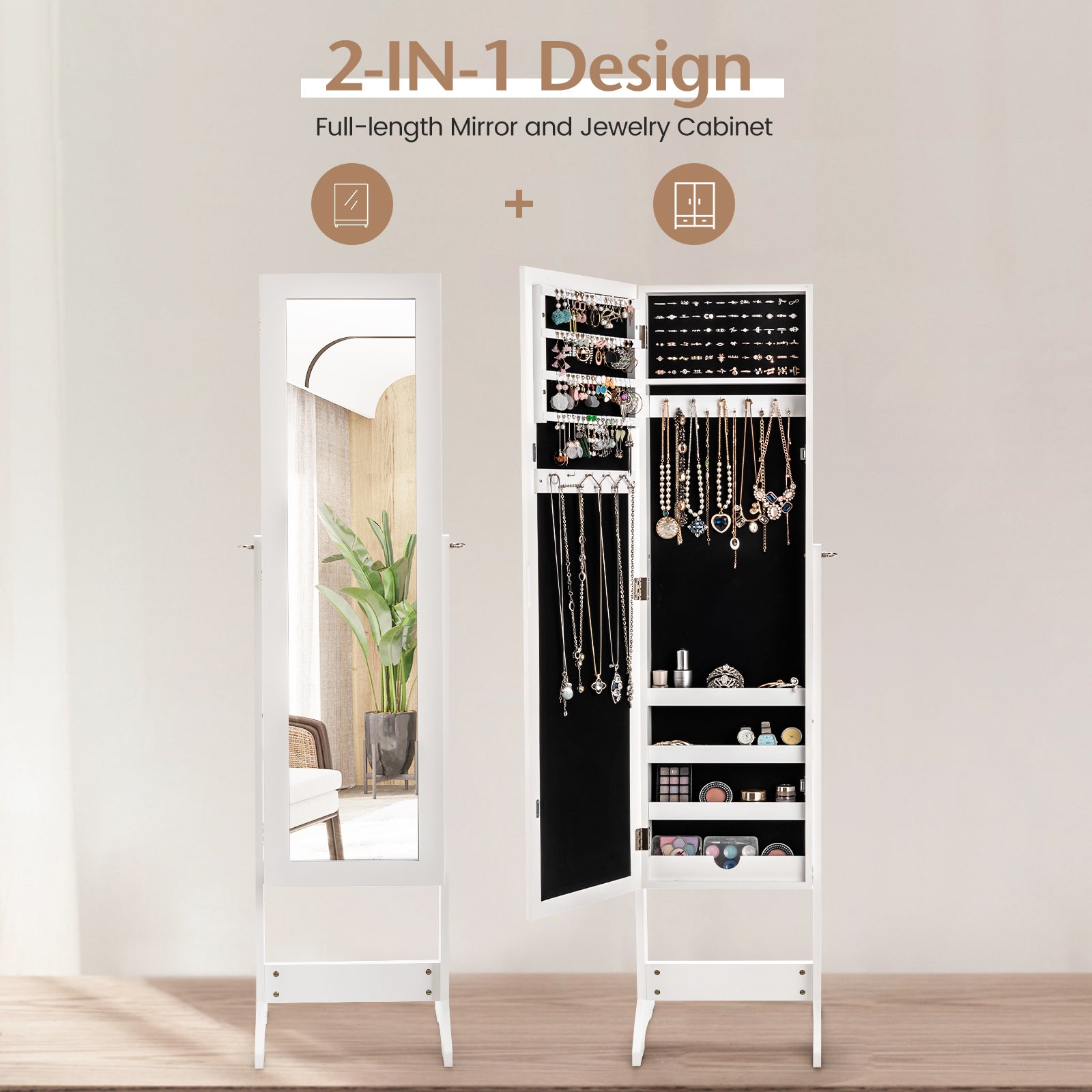 Mirrored Standing Jewelry Cabinet Storage Box-White