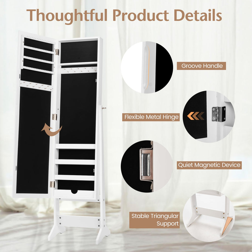 Mirrored Standing Jewelry Cabinet Storage Box-White