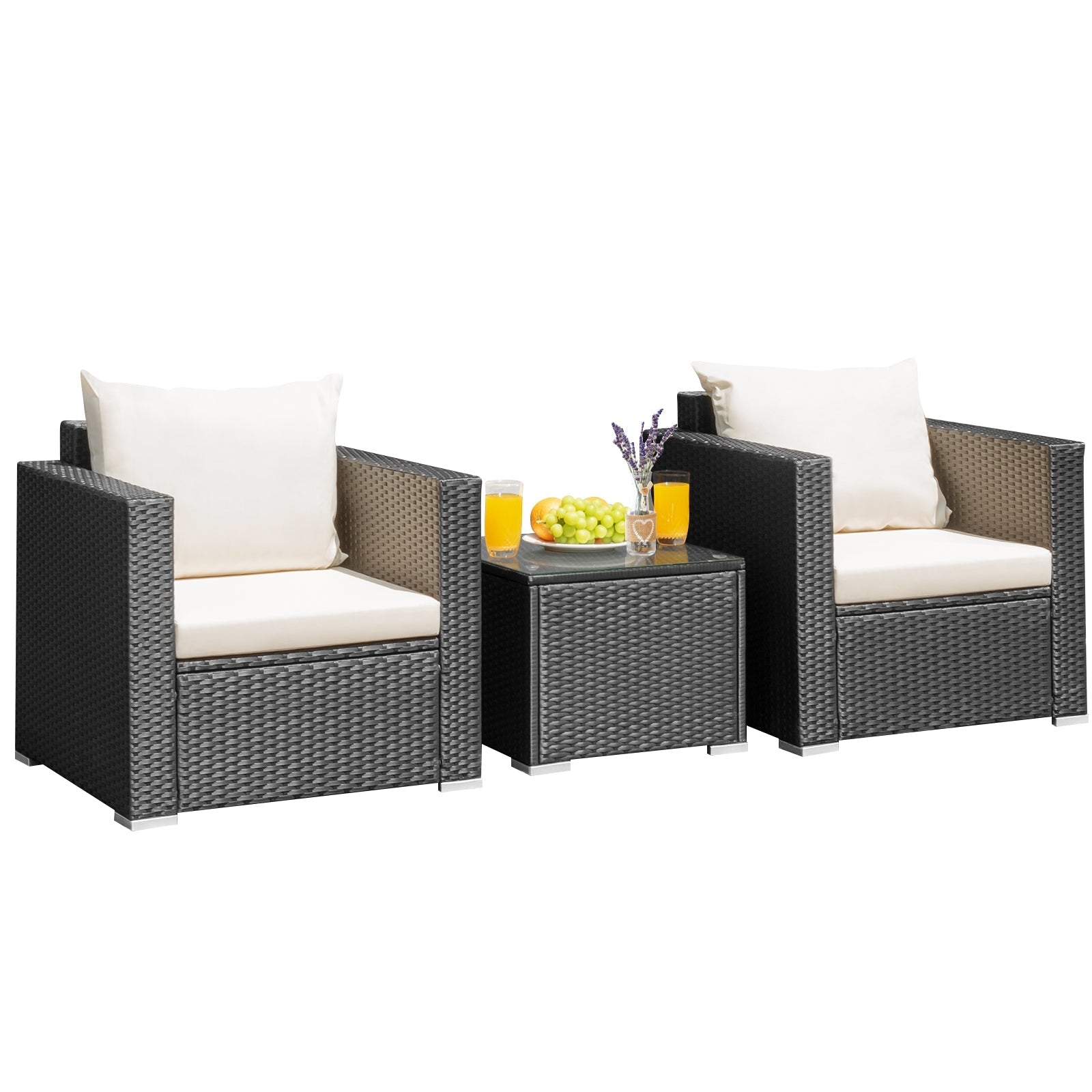 3 Pieces Patio Wicker Conversation Set with Cushion-White