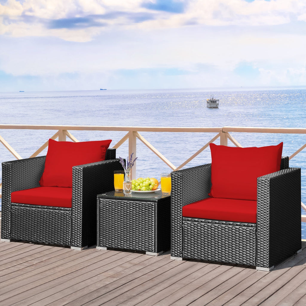 3 Pieces Patio Wicker Conversation Set with Cushion-Red