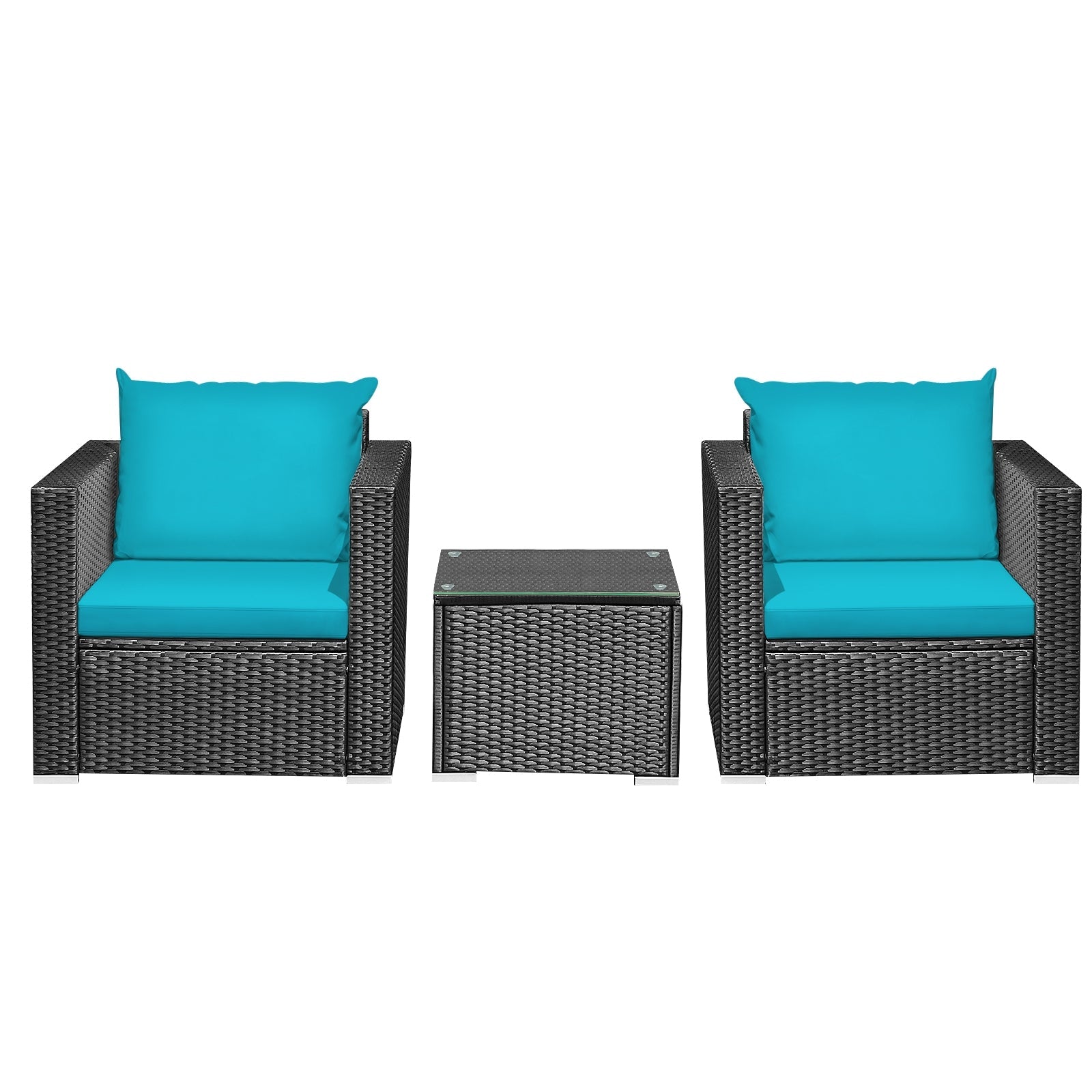 3 Pieces Patio Wicker Conversation Set with Cushion-Turquoise
