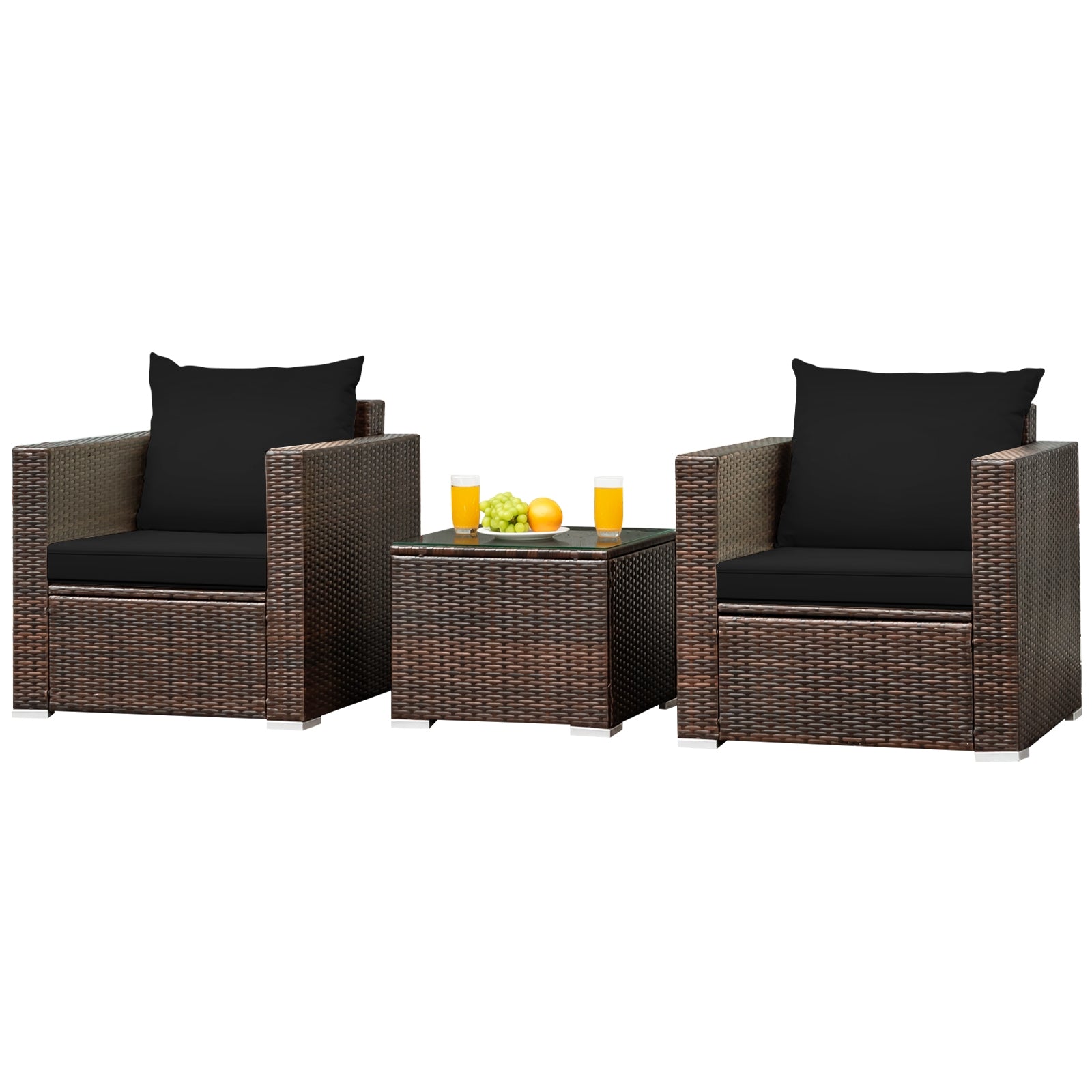 3 Pcs Patio Conversation Rattan Furniture Set with Cushion-Black
