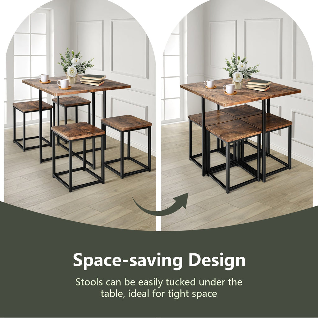 5 Pieces Metal Frame Dining Set with Compact Dining Table and 4 Stools-Walnut