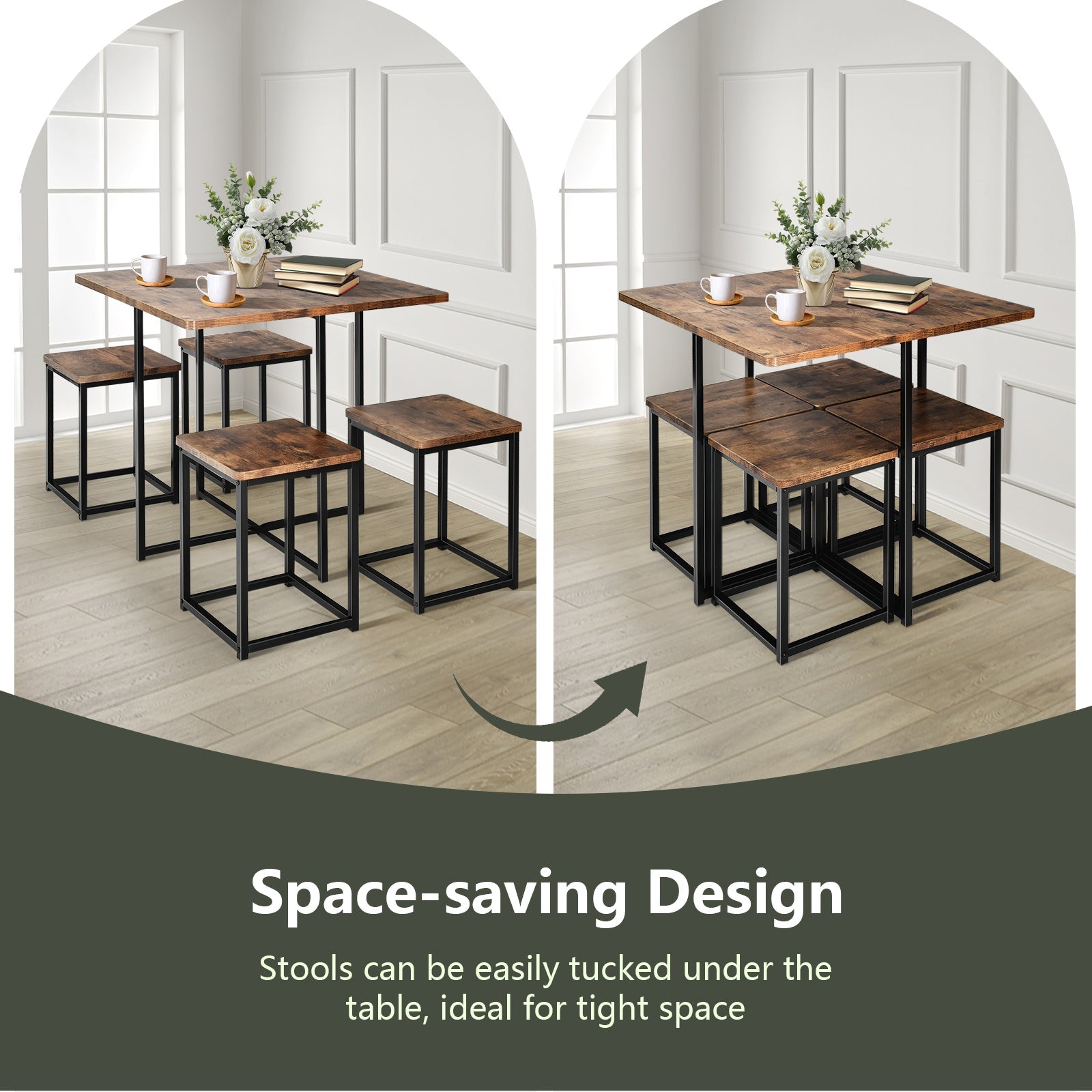 5 Pieces Metal Frame Dining Set with Compact Dining Table and 4 Stools-Walnut