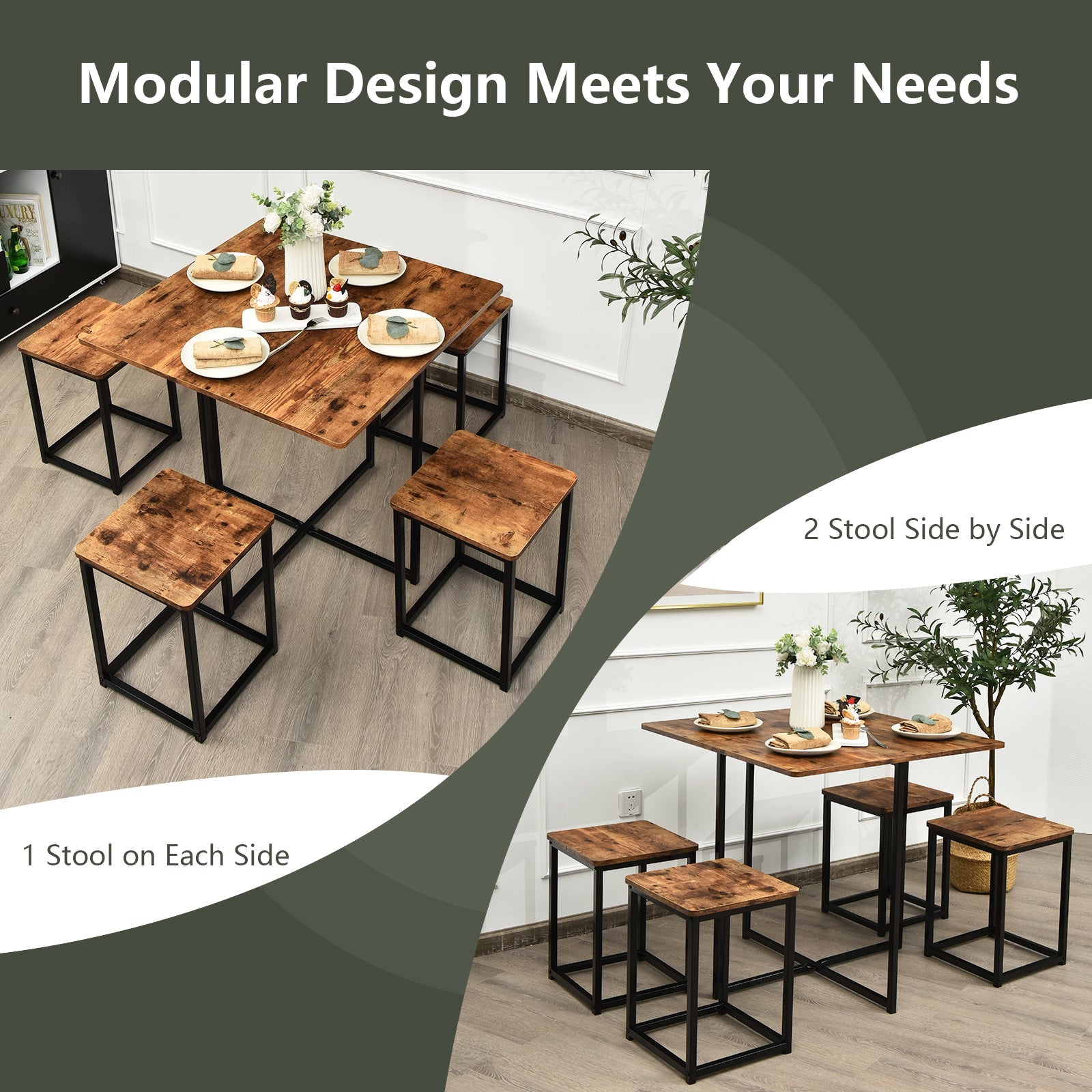 5 Pieces Metal Frame Dining Set with Compact Dining Table and 4 Stools-Walnut