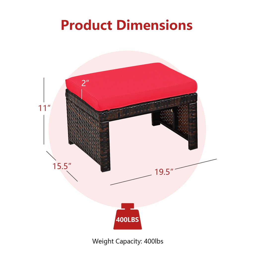 2 Pieces Patio Rattan Ottomans with Soft Cushion for Patio and Garden-Red