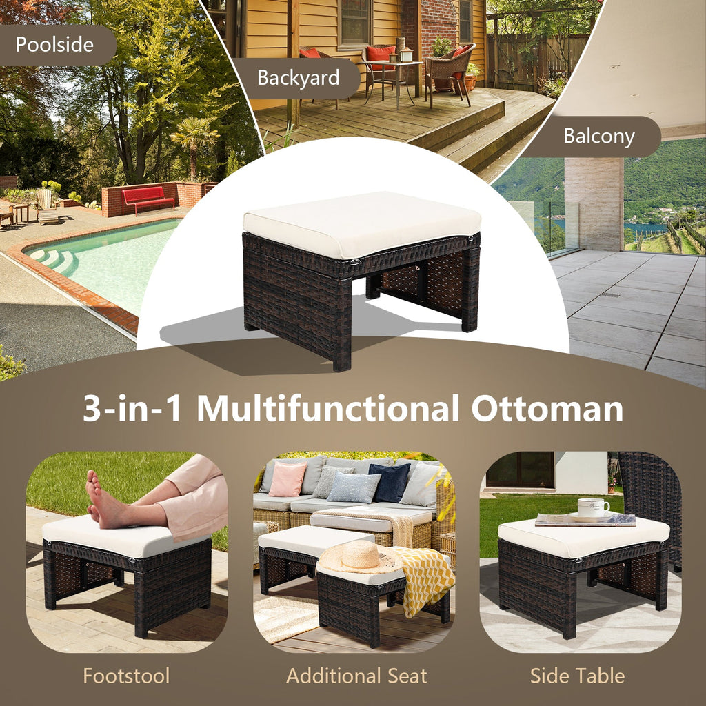 2 Pieces Patio Rattan Ottomans with Soft Cushion for Patio and Garden-White