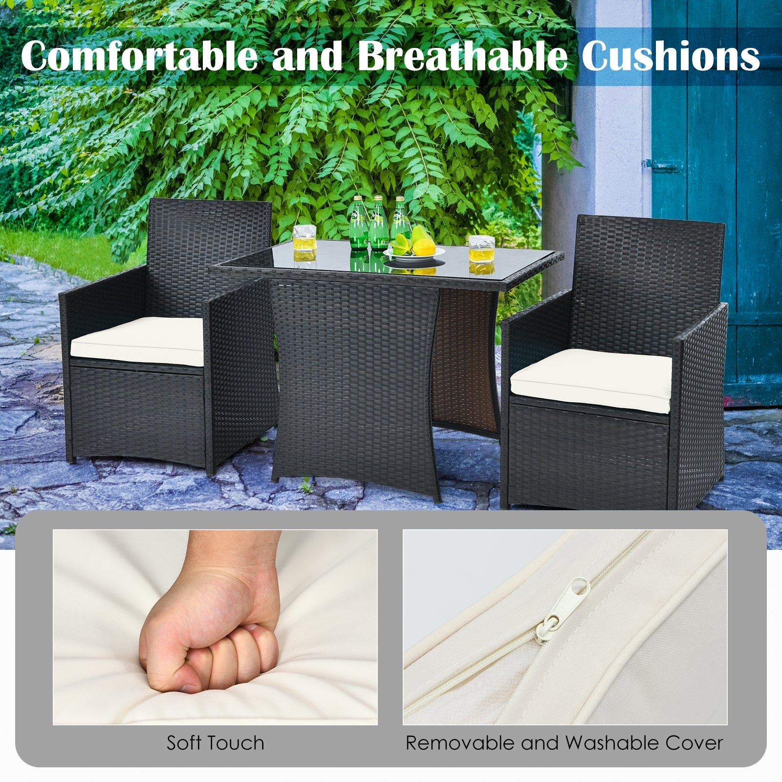 3 Pieces Patio Rattan Furniture Set with Cushion and Sofa Armrest-White