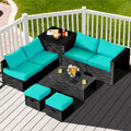 8 Pieces Patio Rattan Storage Table Furniture Set-Turquoise