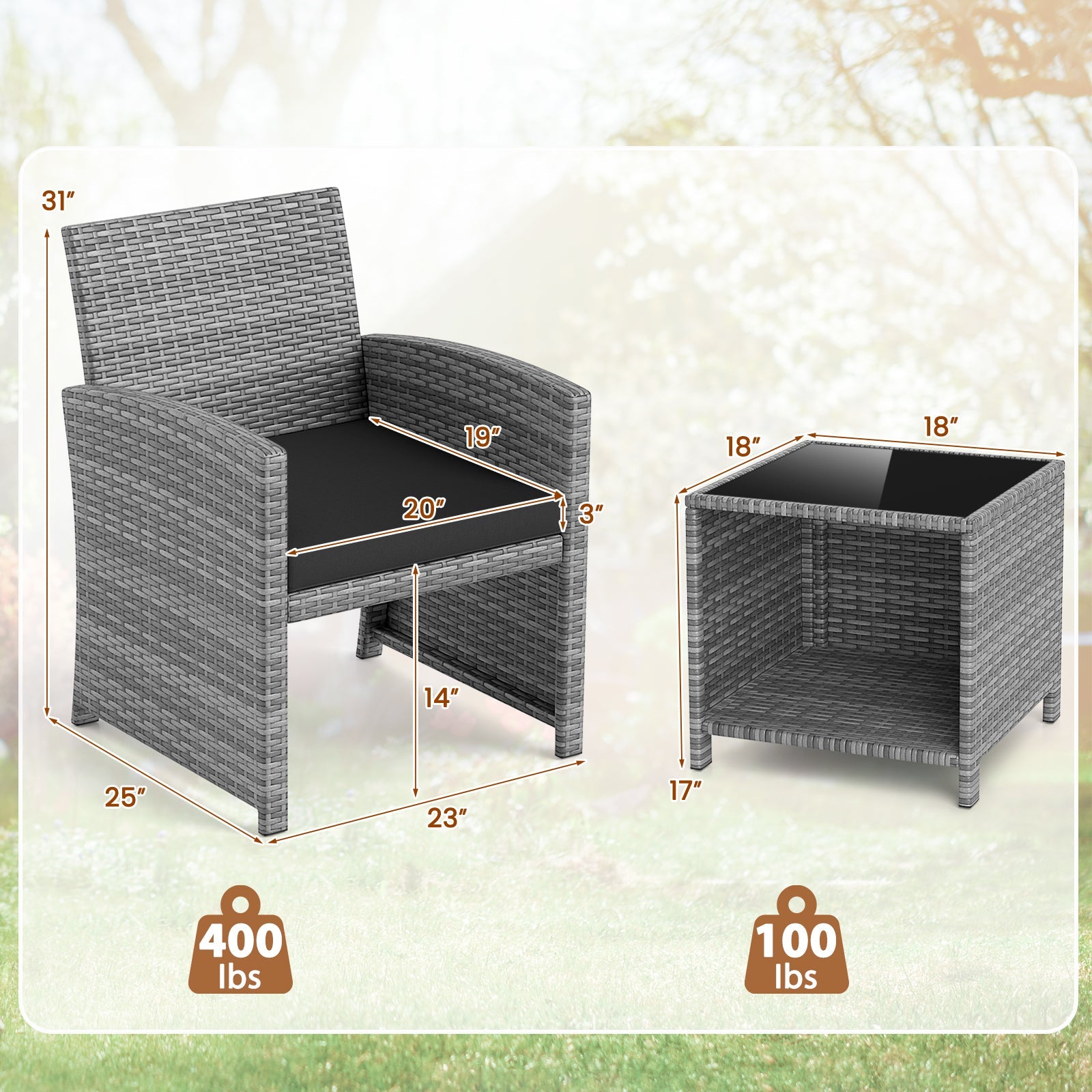 3 Pieces Patio Furniture Set with Tempered Glass Coffee Table and Soft Seat Cushions-Black