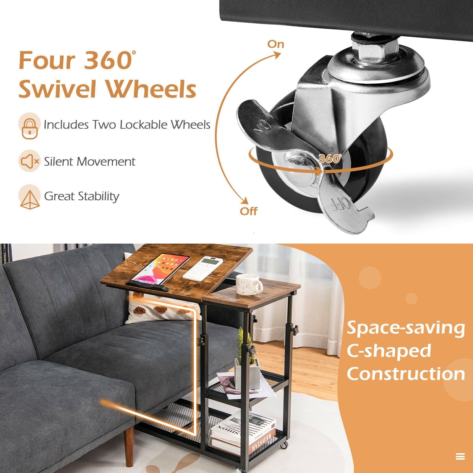Adjustable C-Shaped Bedside Table-Rustic Brown
