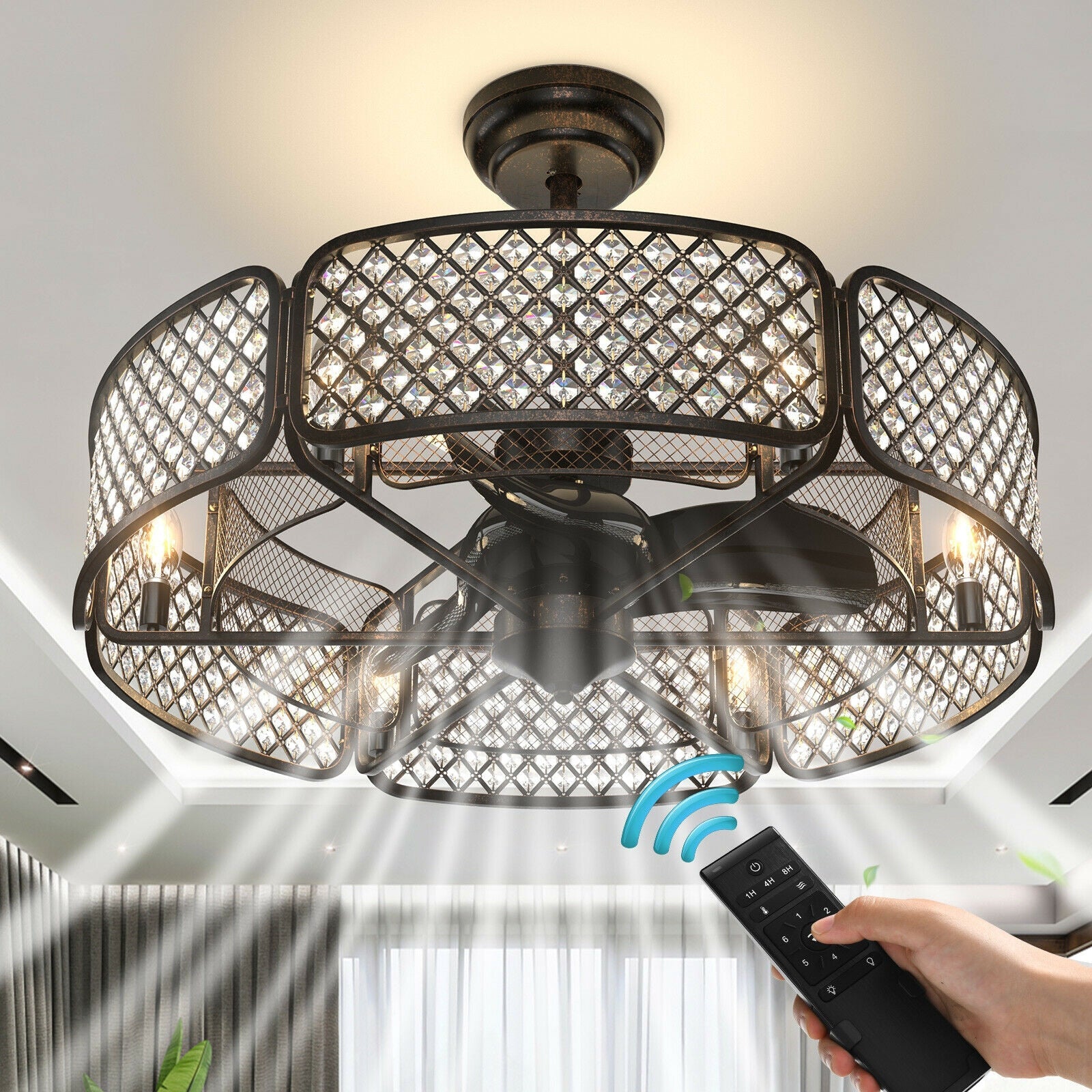 30 Inch Caged Ceiling Fan With Light Crystal Lampshade 6 Light Bases-Brown