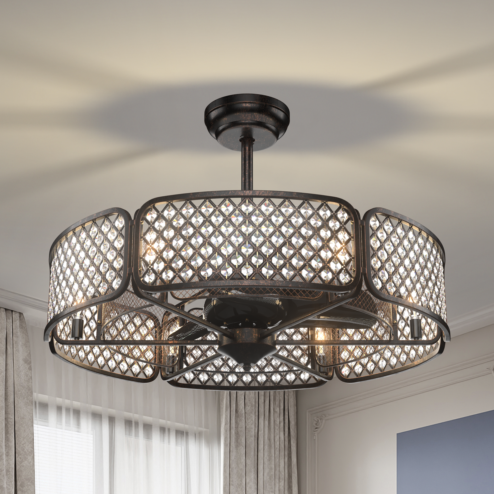 30 Inch Caged Ceiling Fan With Light Crystal Lampshade 6 Light Bases-Brown