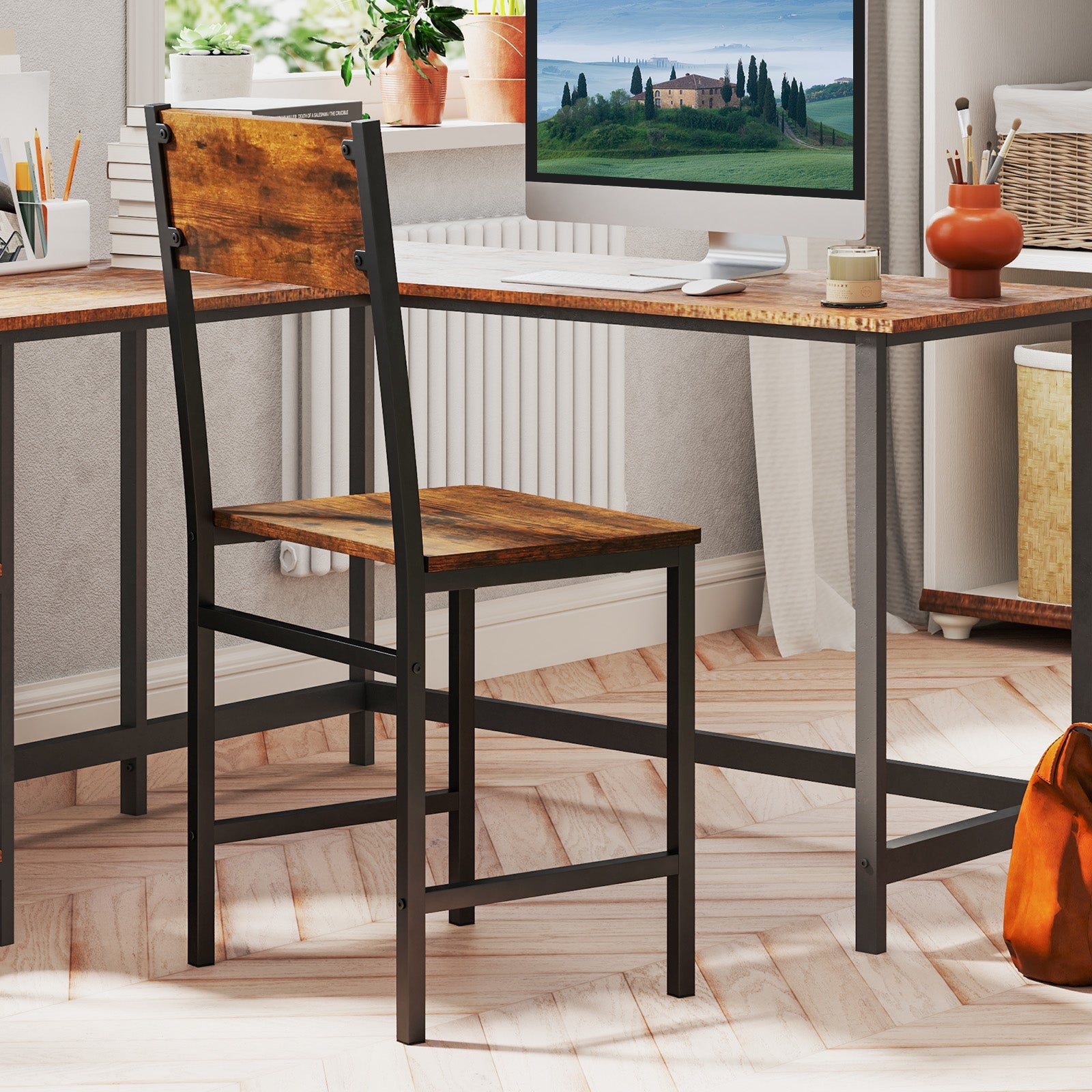 Industrial Kitchen Side Chairs Set of 2 with Metal Legs and Slanted Back-Rustic Brown