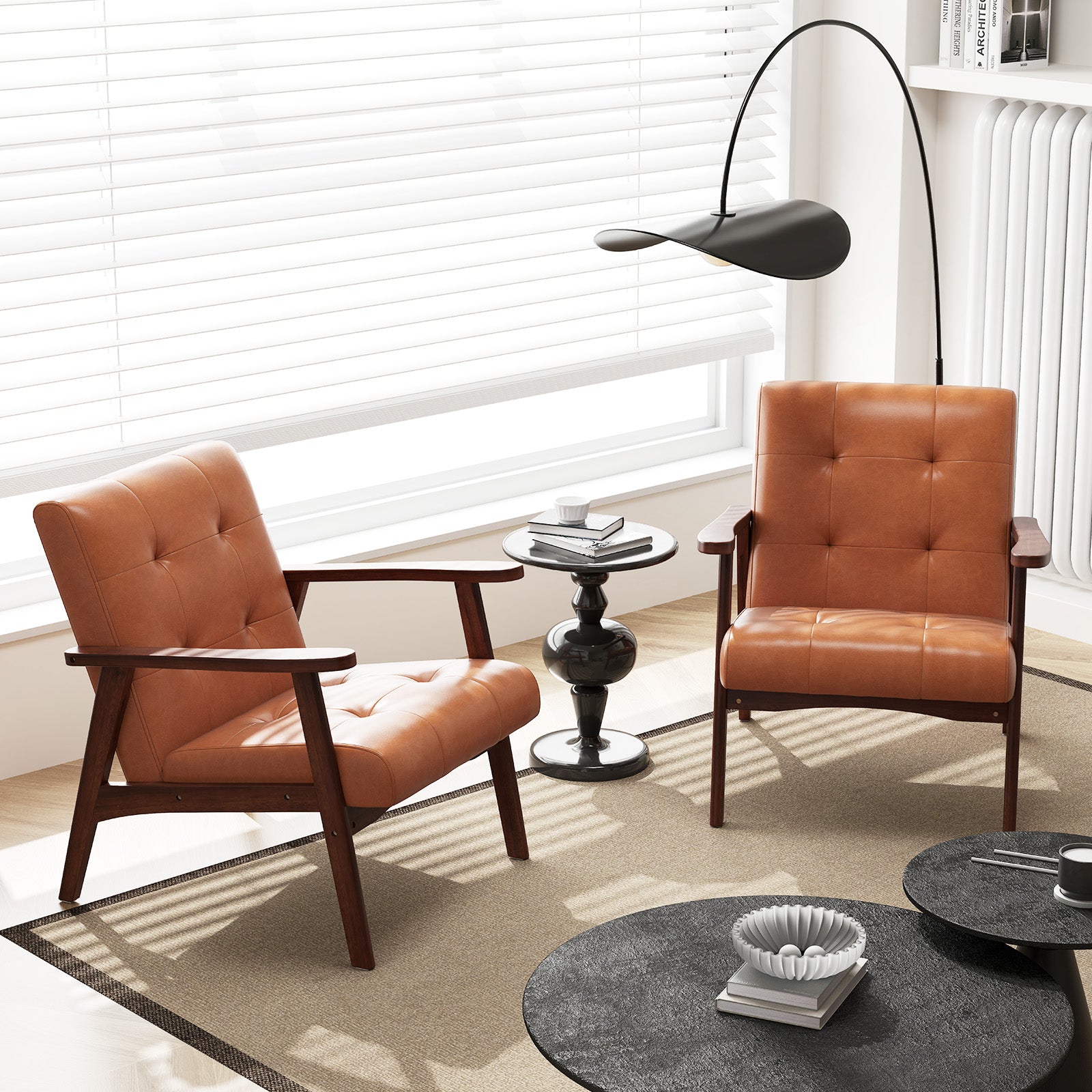 Mid Century Modern Accent Chair with Solid Rubber Wood Frame and Leather Cover-Brown