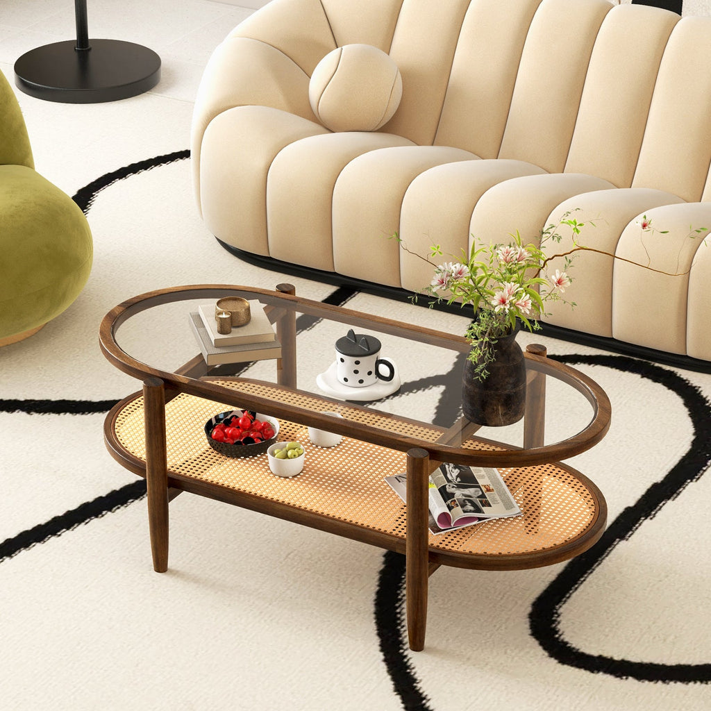 2-Tier Coffee Table with Tempered Glass Tabletop and Acacia Wood Frame-Brown