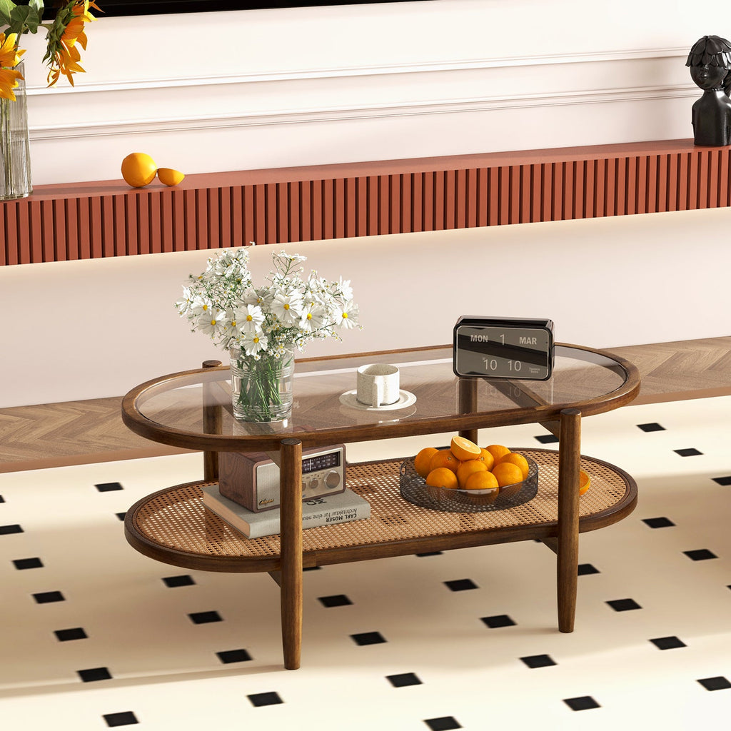 2-Tier Coffee Table with Tempered Glass Tabletop and Acacia Wood Frame-Brown