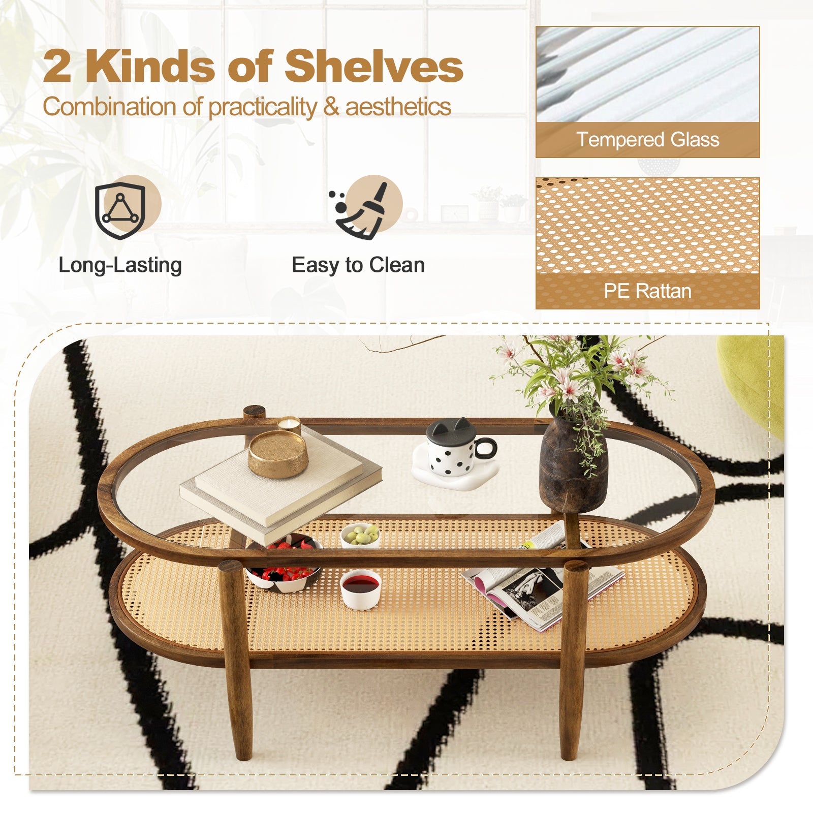 2-Tier Coffee Table with Tempered Glass Tabletop and Acacia Wood Frame-Brown