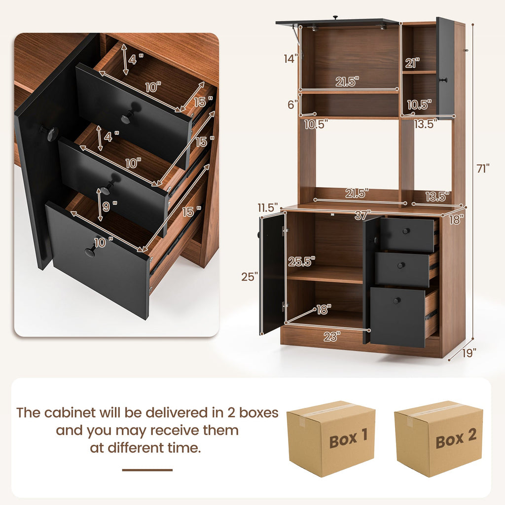 71 Inch Kitchen Pantry with 3 Storage Cabinet and 3 Deep Drawers-Walnut