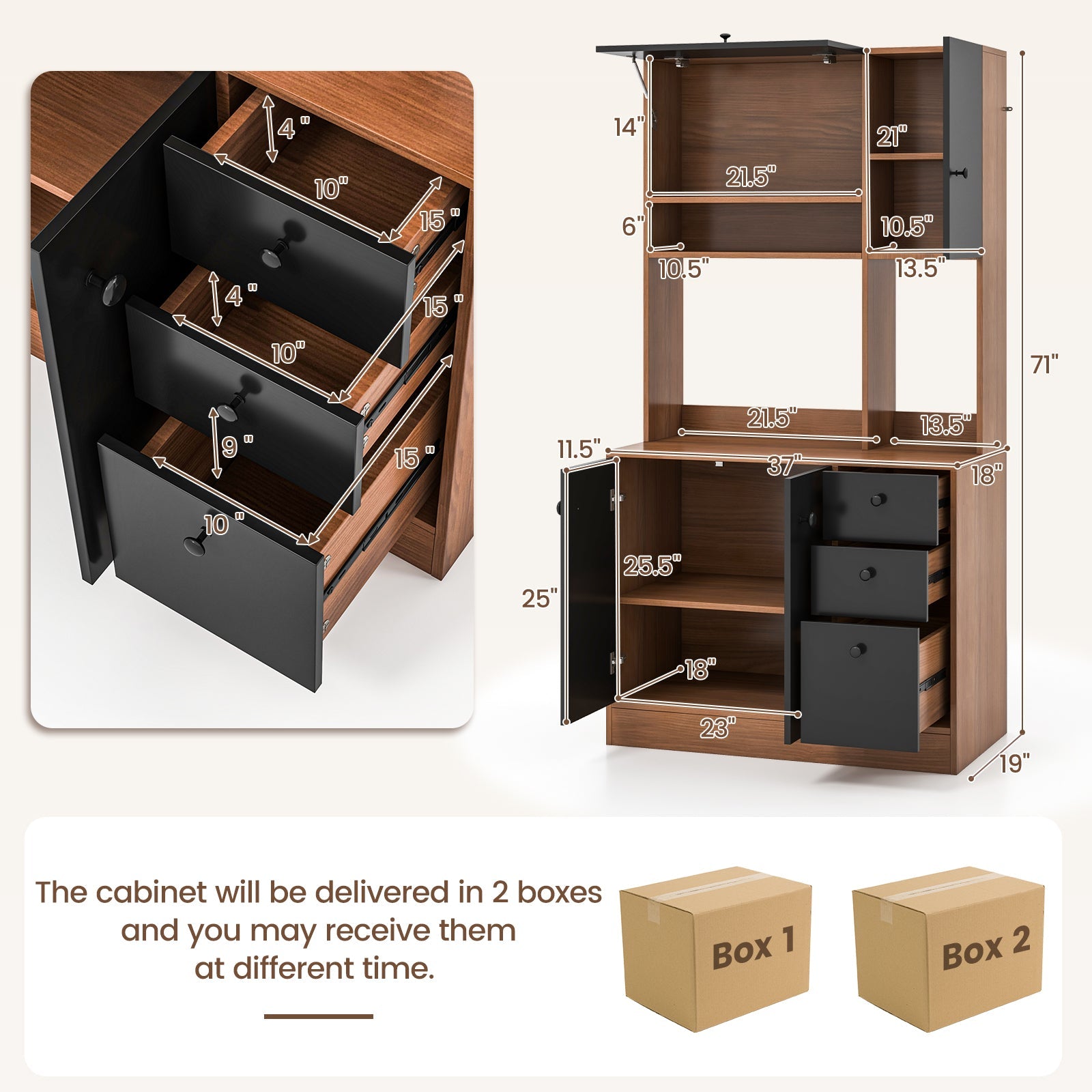 71 Inch Kitchen Pantry with 3 Storage Cabinet and 3 Deep Drawers-Walnut