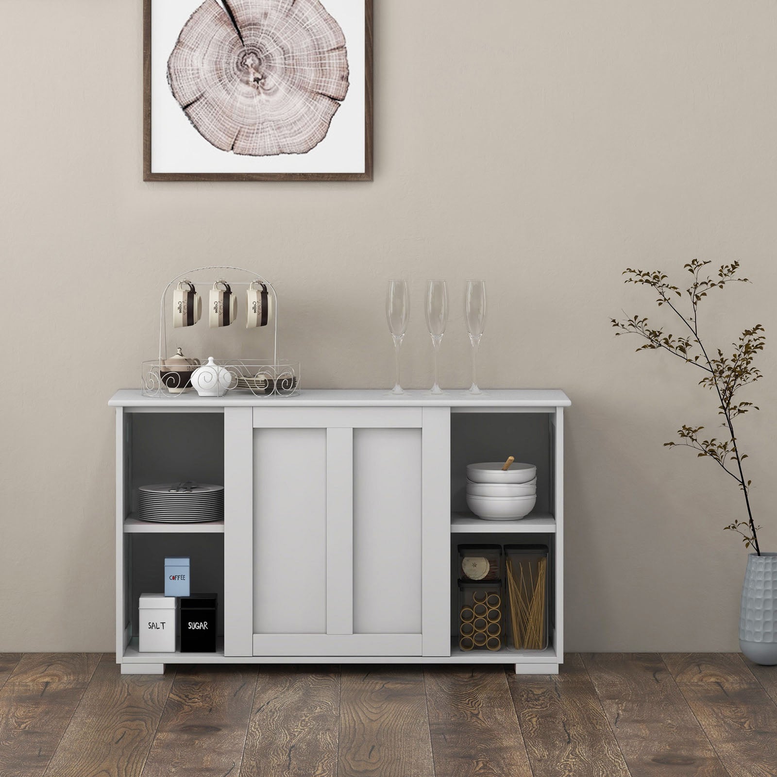 Kitchen Storage Cupboard Cabinet with Sliding Door-Antique White