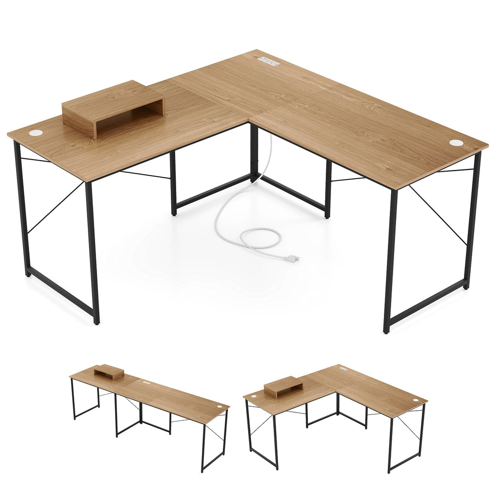 95 Inch 2-Person L-Shaped Long Reversible Computer Desk with Monitor Stand-Natural