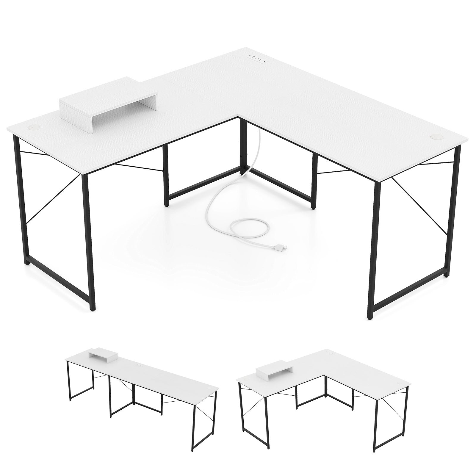 L-Shaped Computer Desk with Power Outlets and Monitor Shelf-White