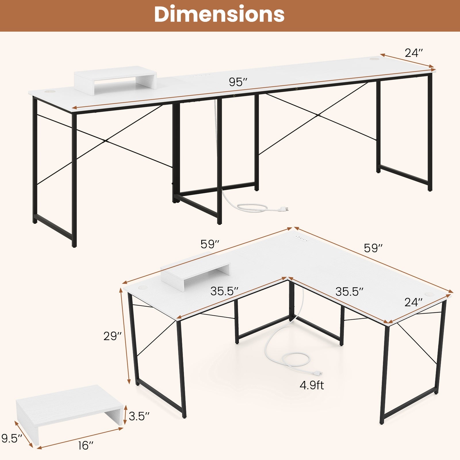 L-Shaped Computer Desk with Power Outlets and Monitor Shelf-White
