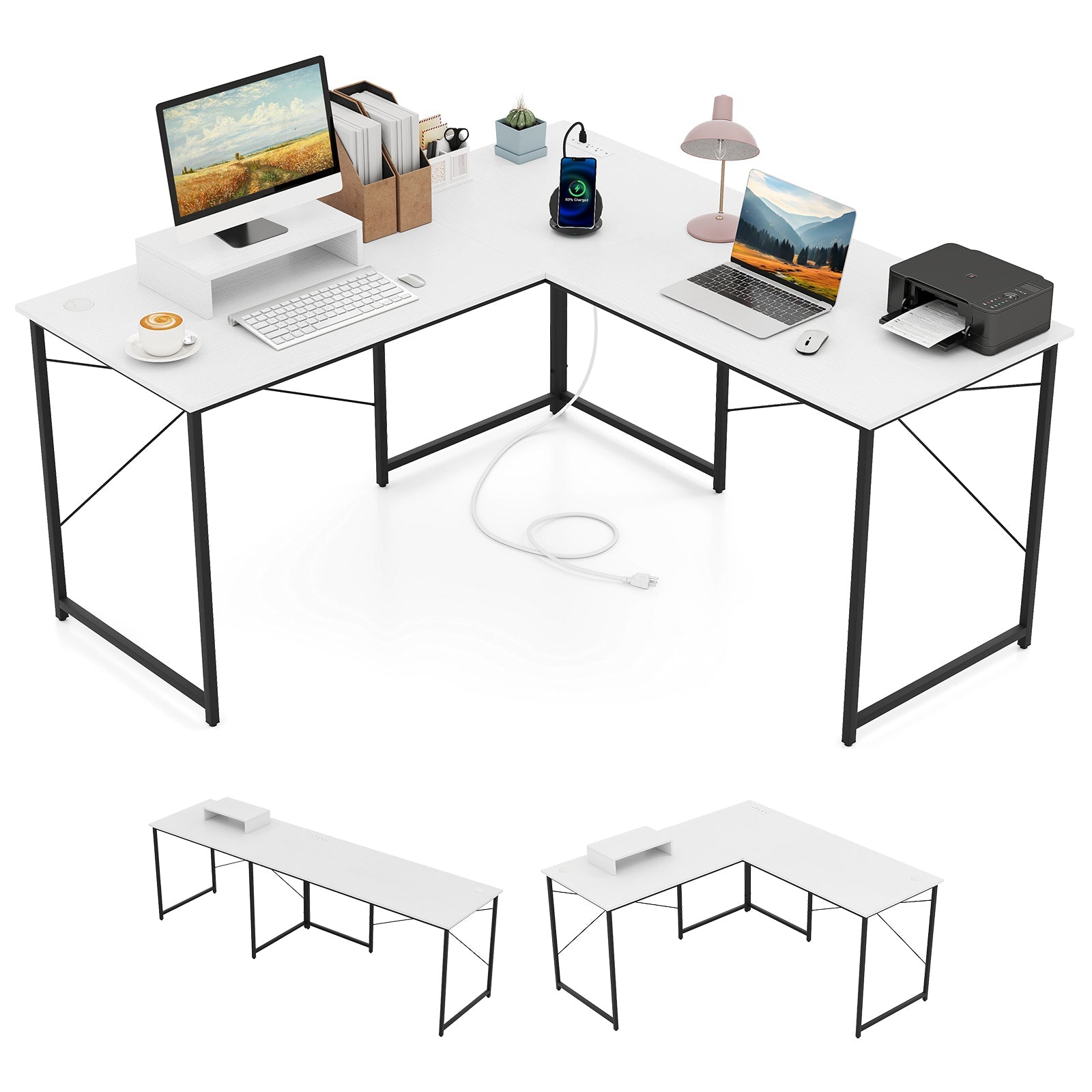 L-Shaped Computer Desk with Power Outlets and Monitor Shelf-White