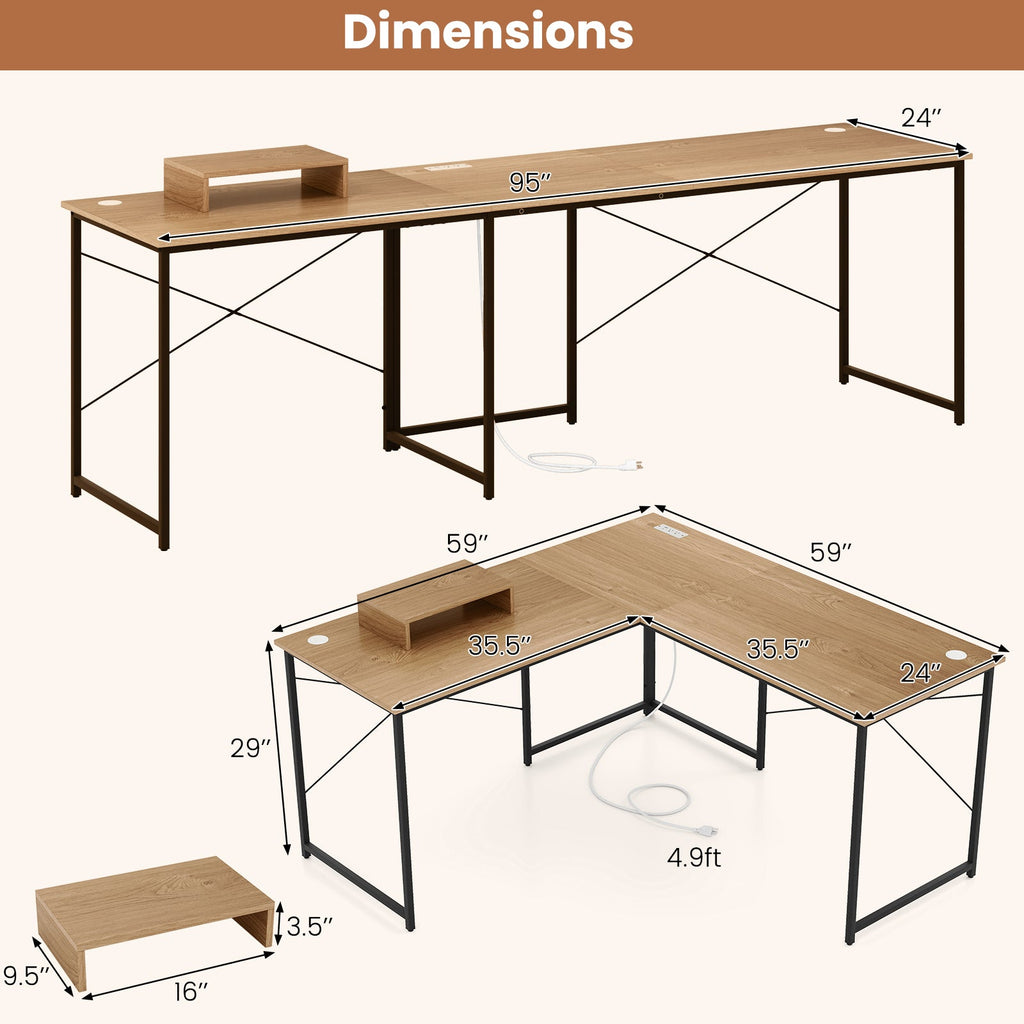 95 Inch 2-Person L-Shaped Long Reversible Computer Desk with Monitor Stand-Natural