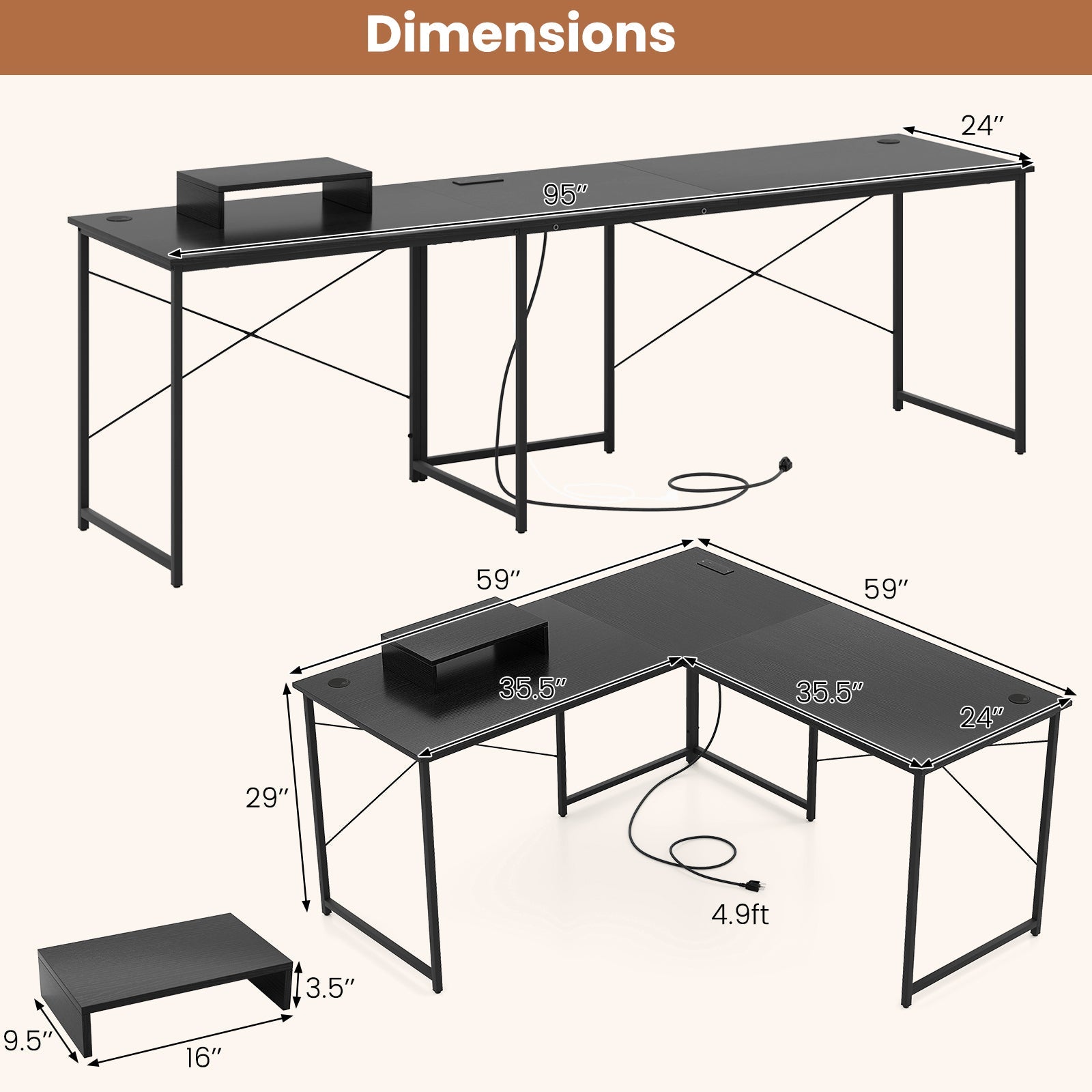 95 Inch 2-Person L-Shaped Long Reversible Computer Desk with Monitor Stand-Black