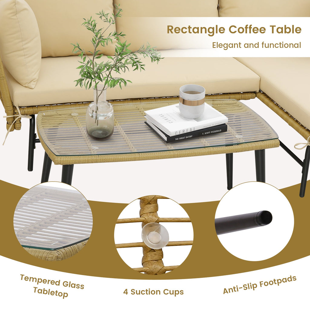 3 Pieces L-Shaped Patio Sofa with Cushions and Tempered Glass Table-Beige