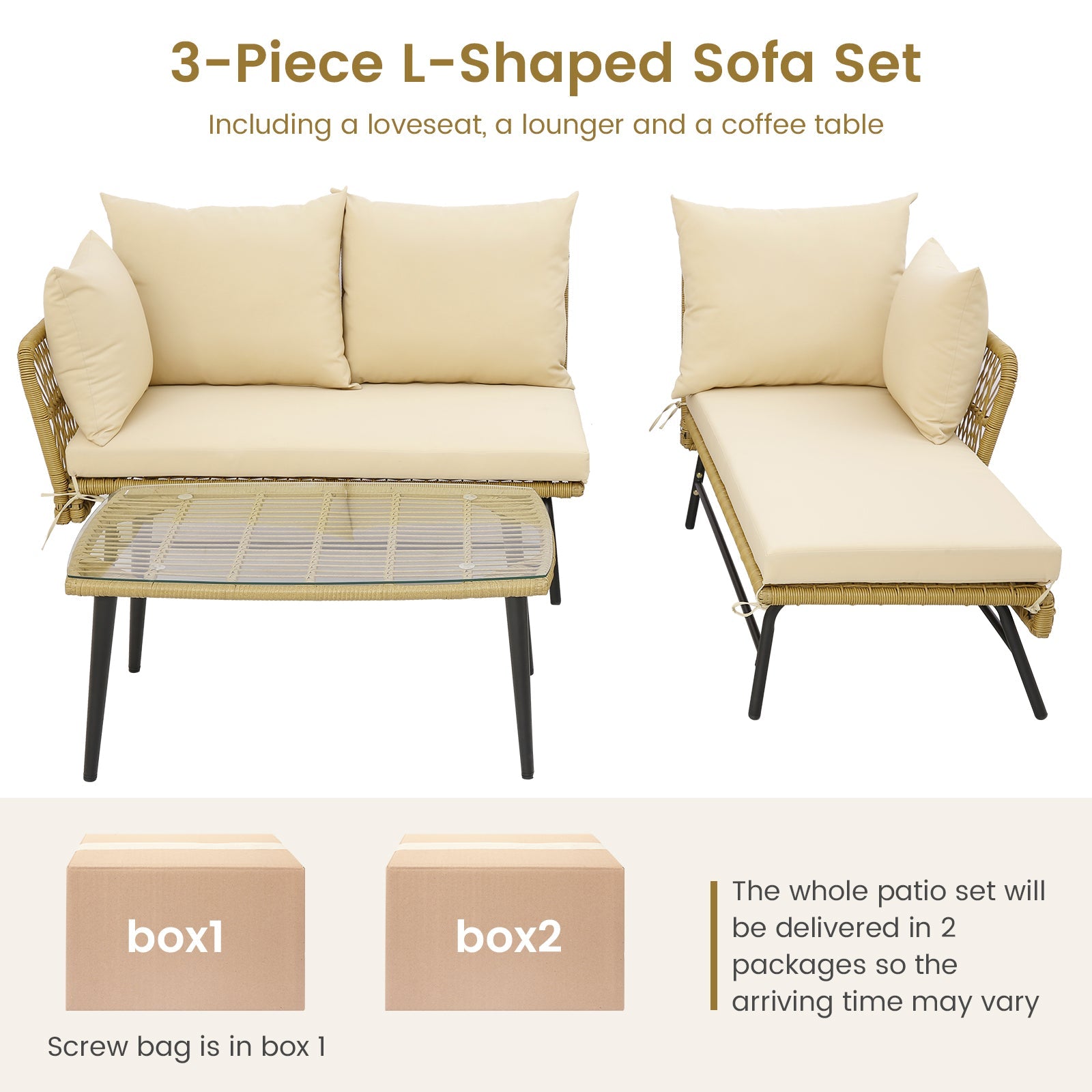 3 Pieces L-Shaped Patio Sofa with Cushions and Tempered Glass Table-Beige