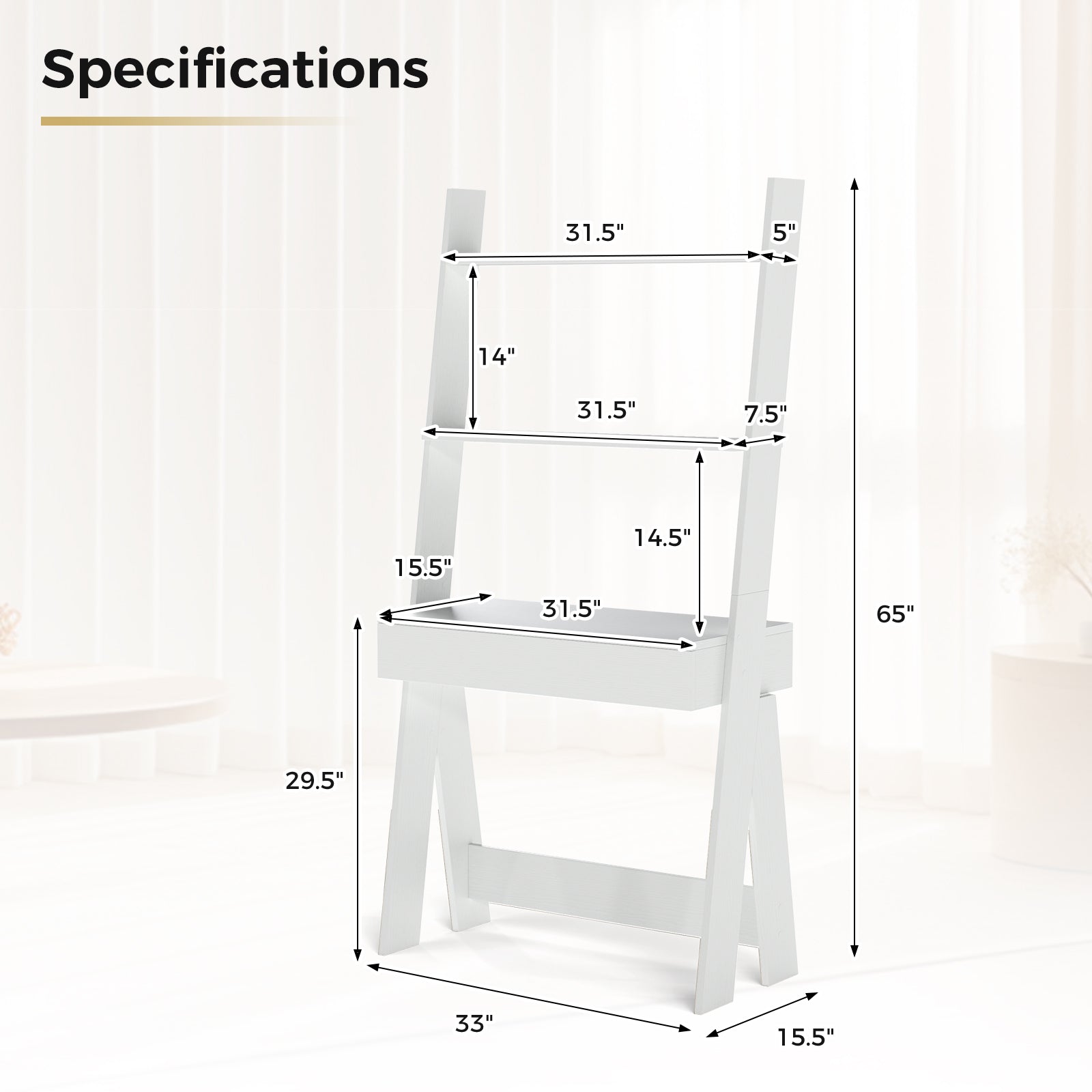 Ladder Shelf Desk with Countertop Drawer and Anti-Toppling Device-Oak